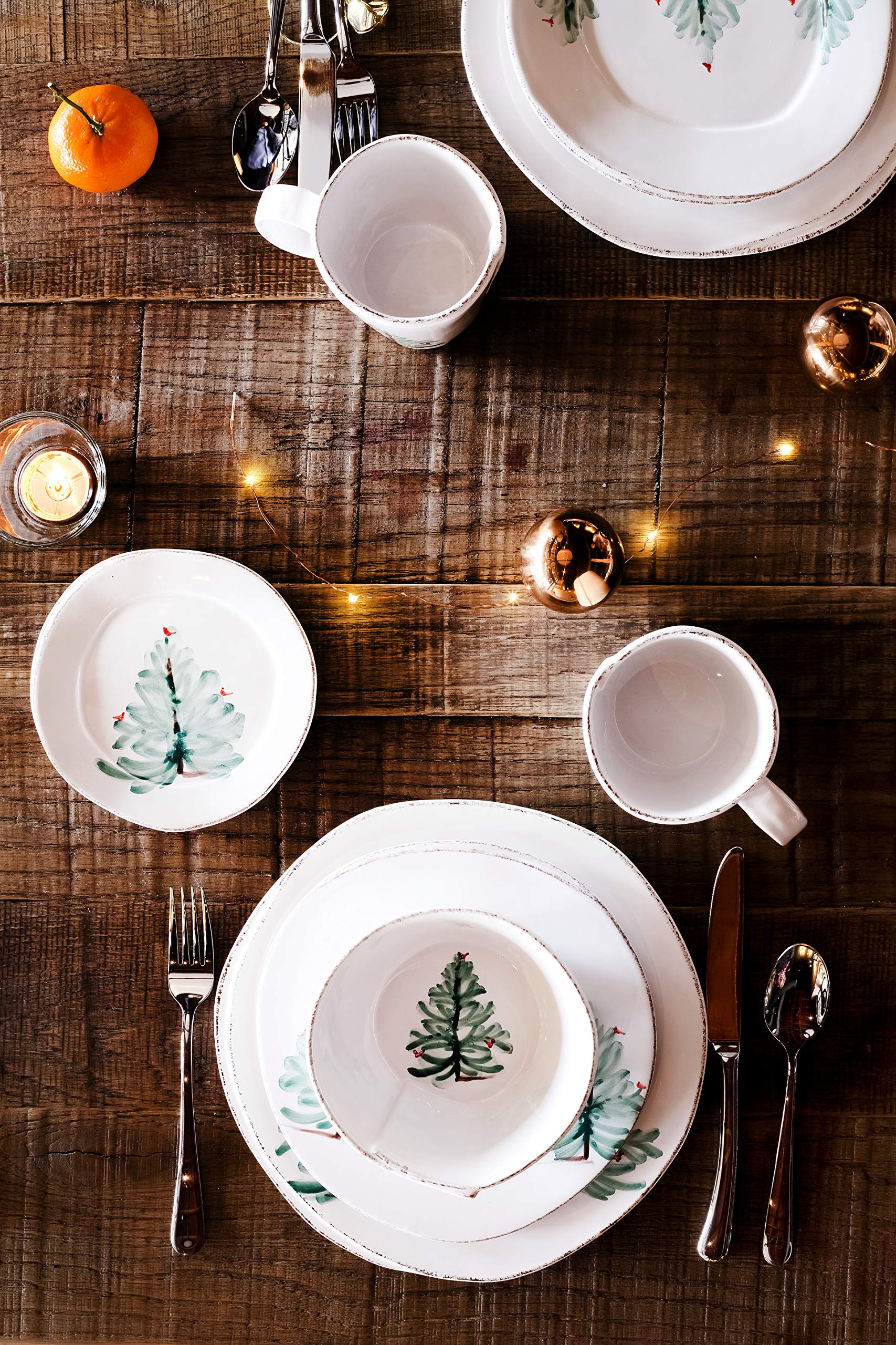 Vietri Lastra Holiday White and Green 4-Piece Dinnerware Set - Ceramic Bowls & Plates for Cereal, Pasta, Salad & Dinner | Elegant Table Setting for Holidays & Special Occasions