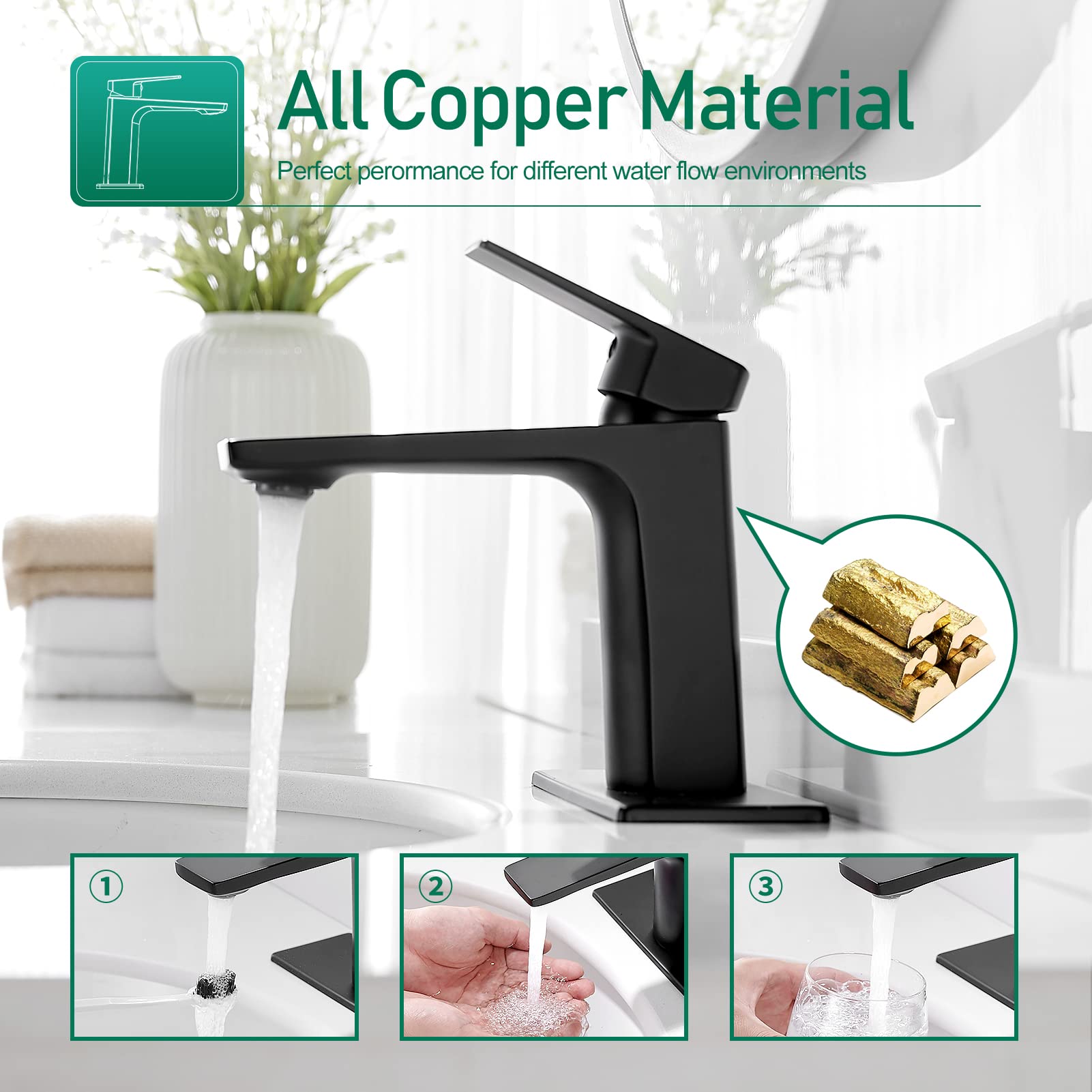 VOTON Matte Black Bathroom Faucet - Single Handle Sink Faucet with Deck Plate for Home & RV Use