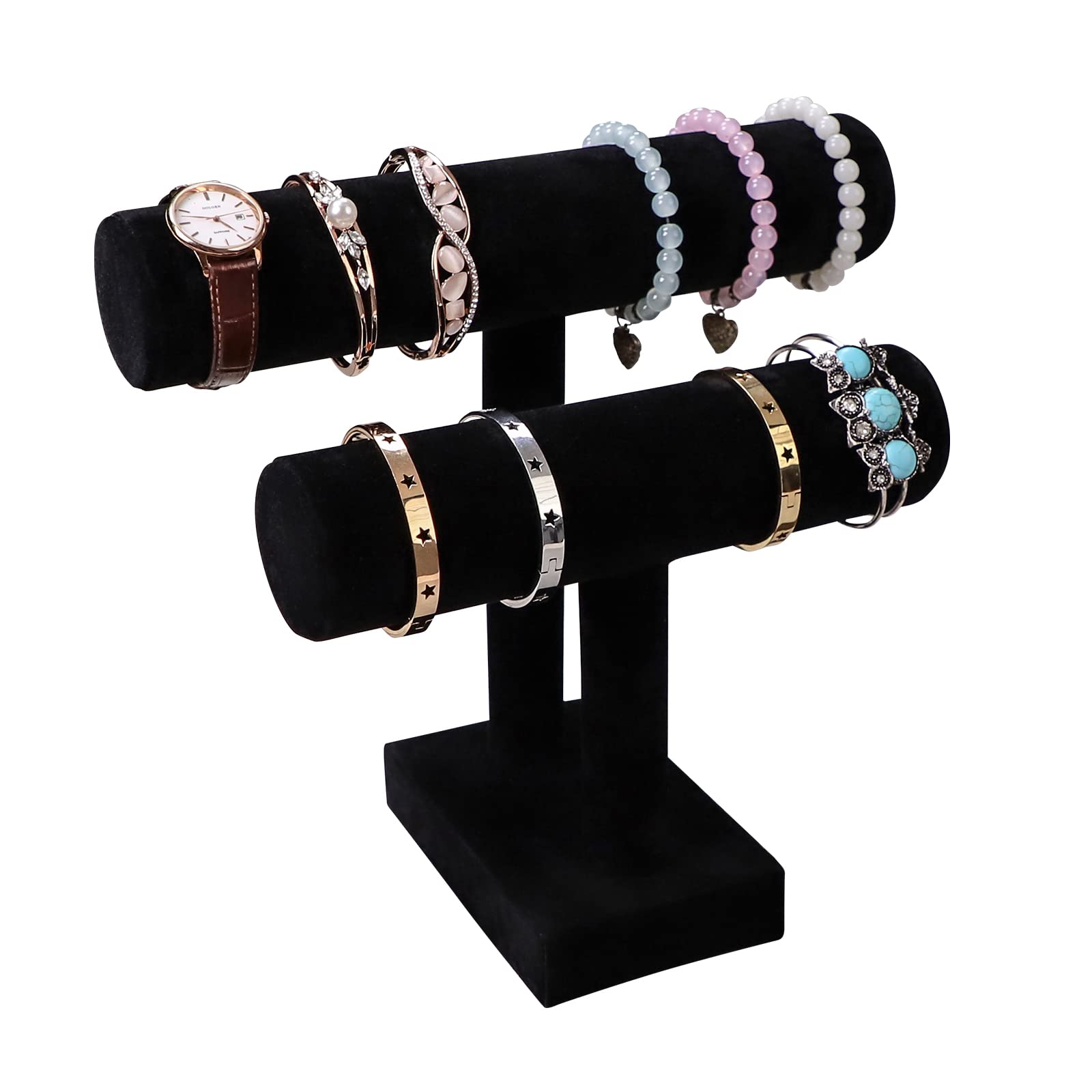 Velvet Jewelry Organizer Stand - 2-Tier Bracelet Holder for Watches, Necklaces & Rings | Jewelry Display & Storage for Women & Girls | Perfect for Dresser, Vanity & Travel (Black)
