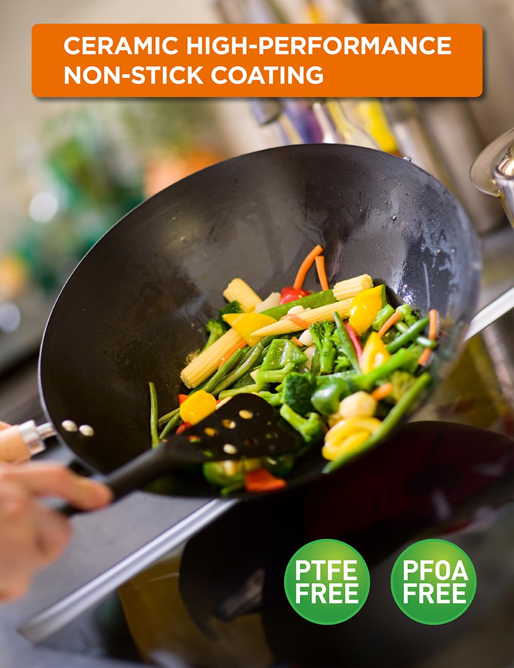 Commercial CHEF 12-Inch Carbon Steel Wok with Acacia Wood Handle - Non-Stick Ceramic Coated Stir Fry Pan - Safe for All Cooktops & Grills - Lighter & Cools Faster Than Cast Iron - Perfect for Asian Cooking, Stir-Frying & High-Heat Searing