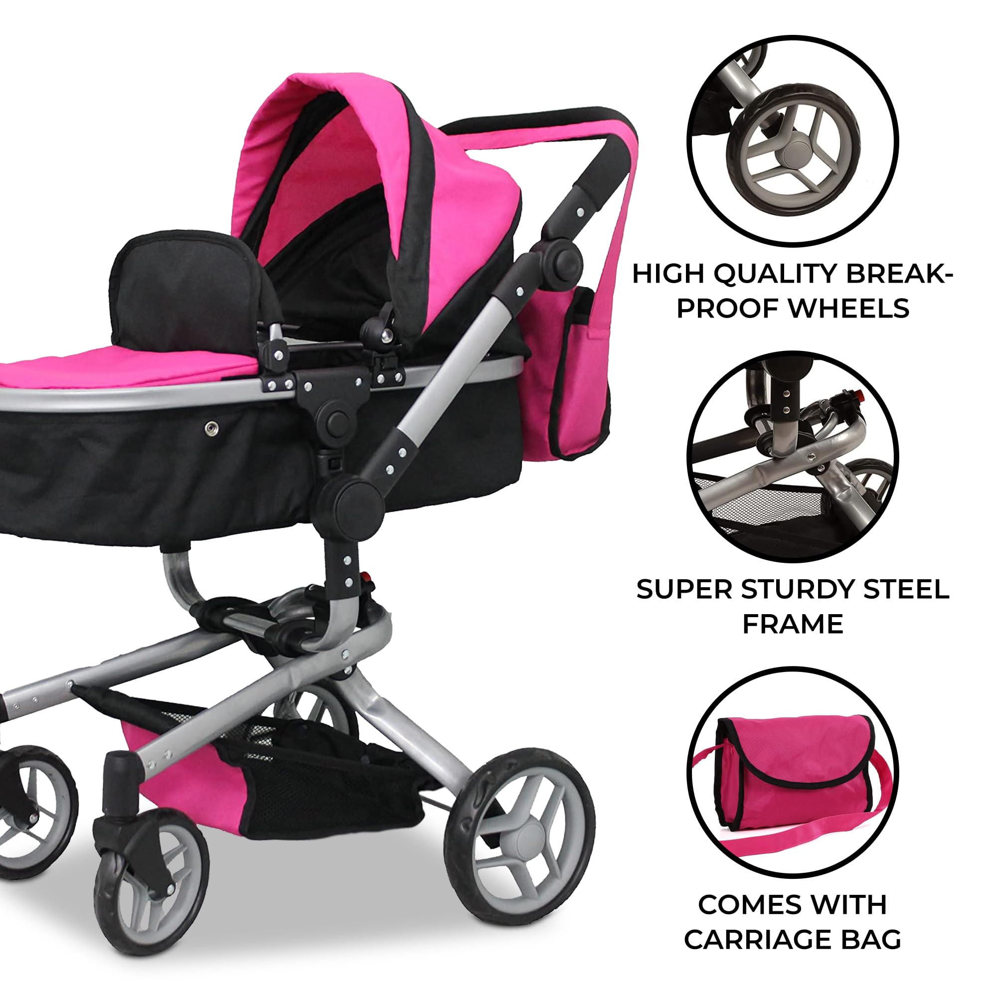 Deluxe 2-in-1 Mommy & Me Baby Doll Stroller with Diaper Bag - Foldable 32