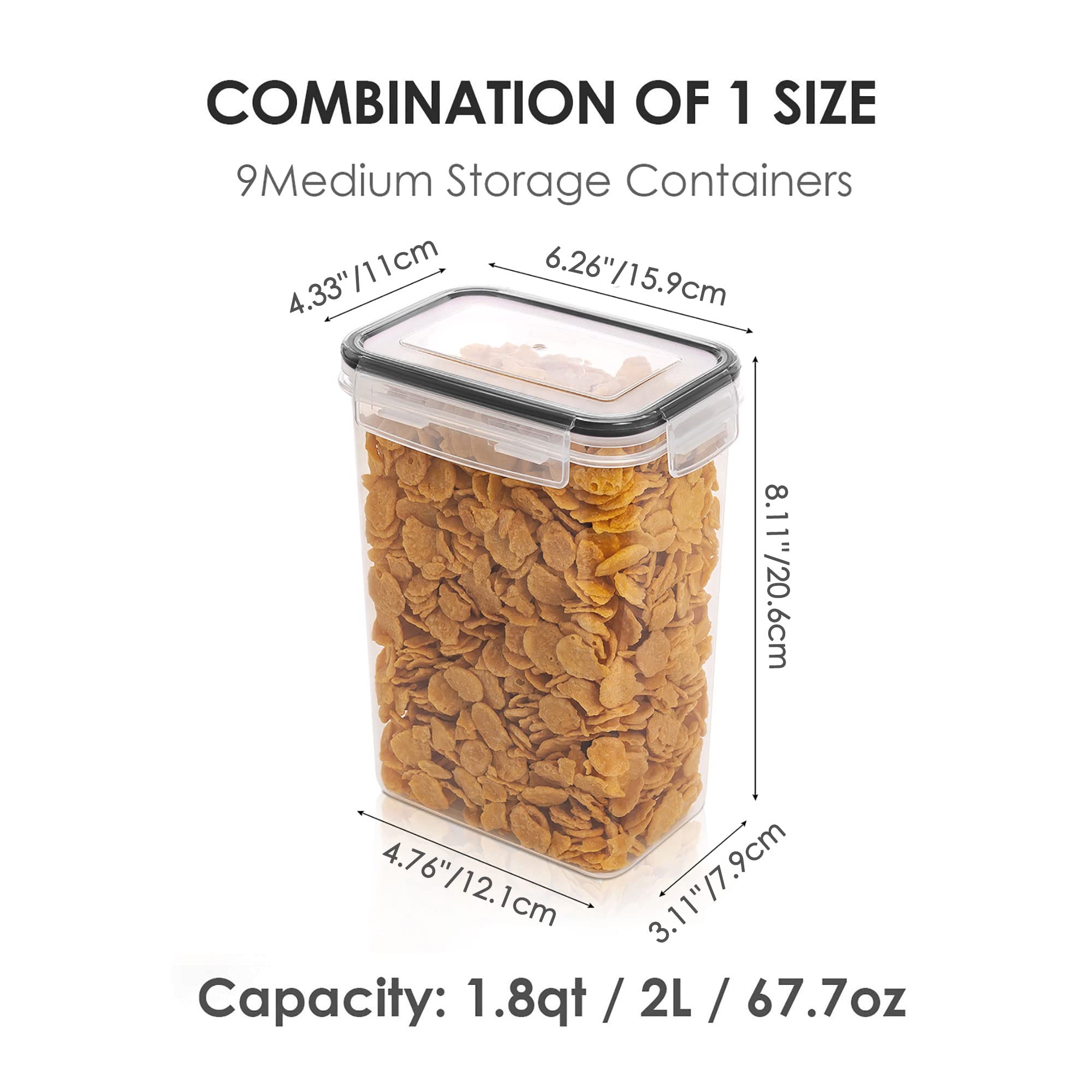 Vtopmart 9-Piece Airtight Food Storage Containers Set with Lids - BPA Free Plastic Kitchen Pantry Organizers for Flour, Cereal & Dry Food - Includes 2L Containers & 24 Labels (Black) - Perfect for Meal Prep, Baking & Pantry Organization