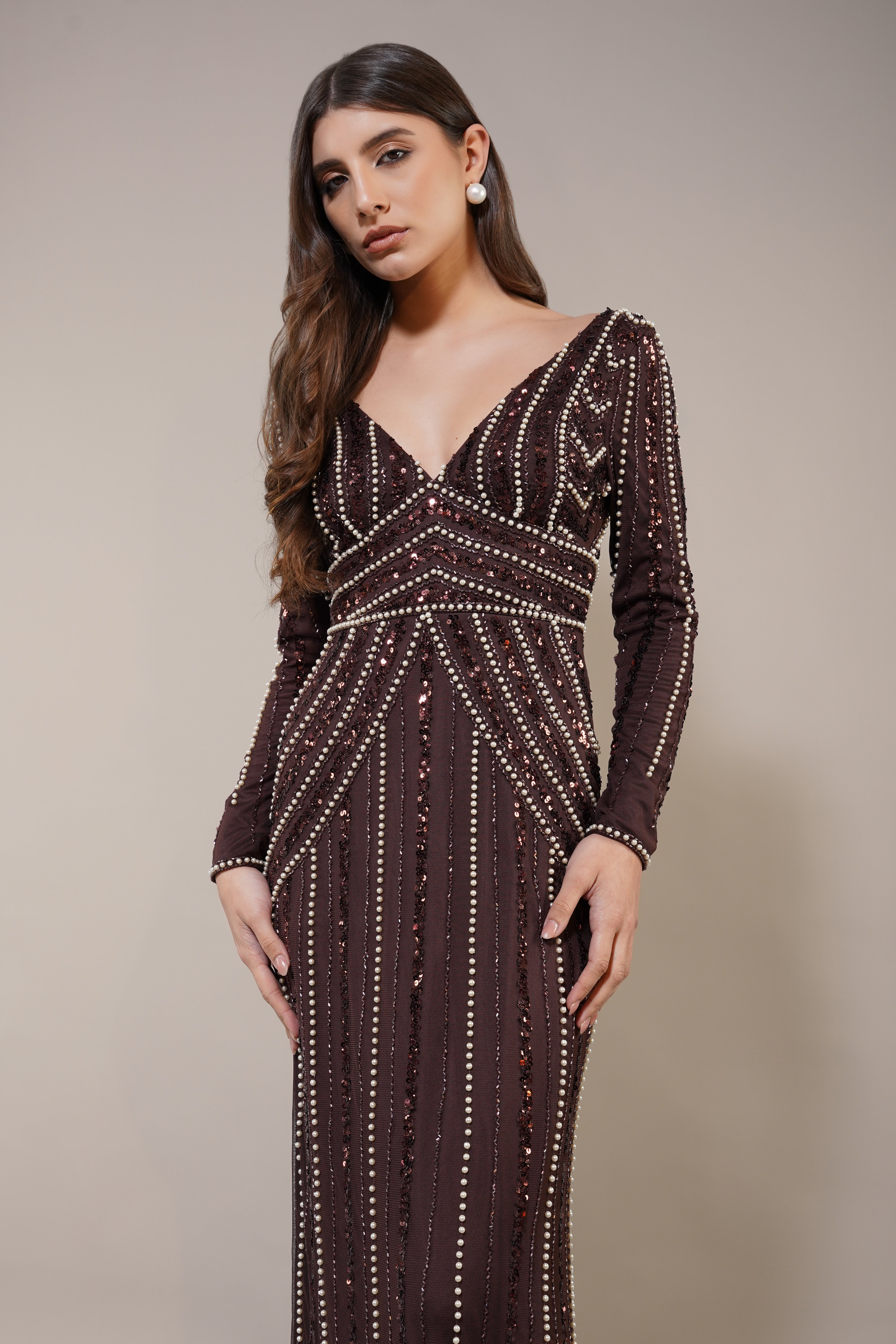 Cordelia Embellished Maxi Dress in Coffee Brown | Elegant Boho Evening Gown for Women | Perfect for Weddings, Parties & Special Occasions