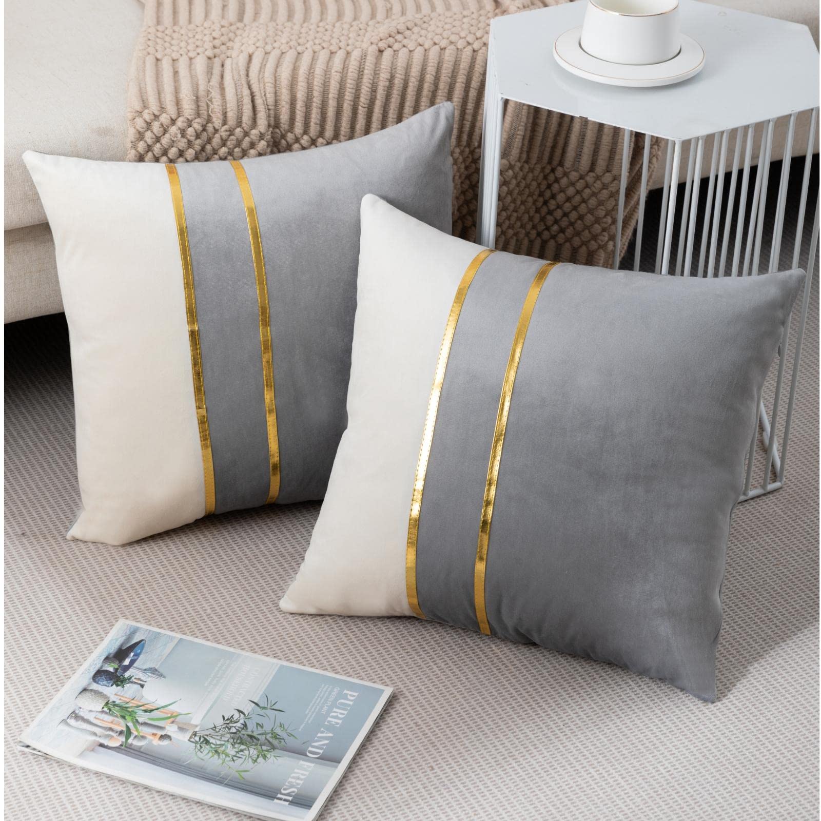 ZLINA Set of 2 Velvet Decorative Throw Pillow Covers - 18×18 Inch Grey & White Patchwork with Gold Leather Accents for Sofa, Bed & Car Decor | Luxury Home & Living Room Accessories