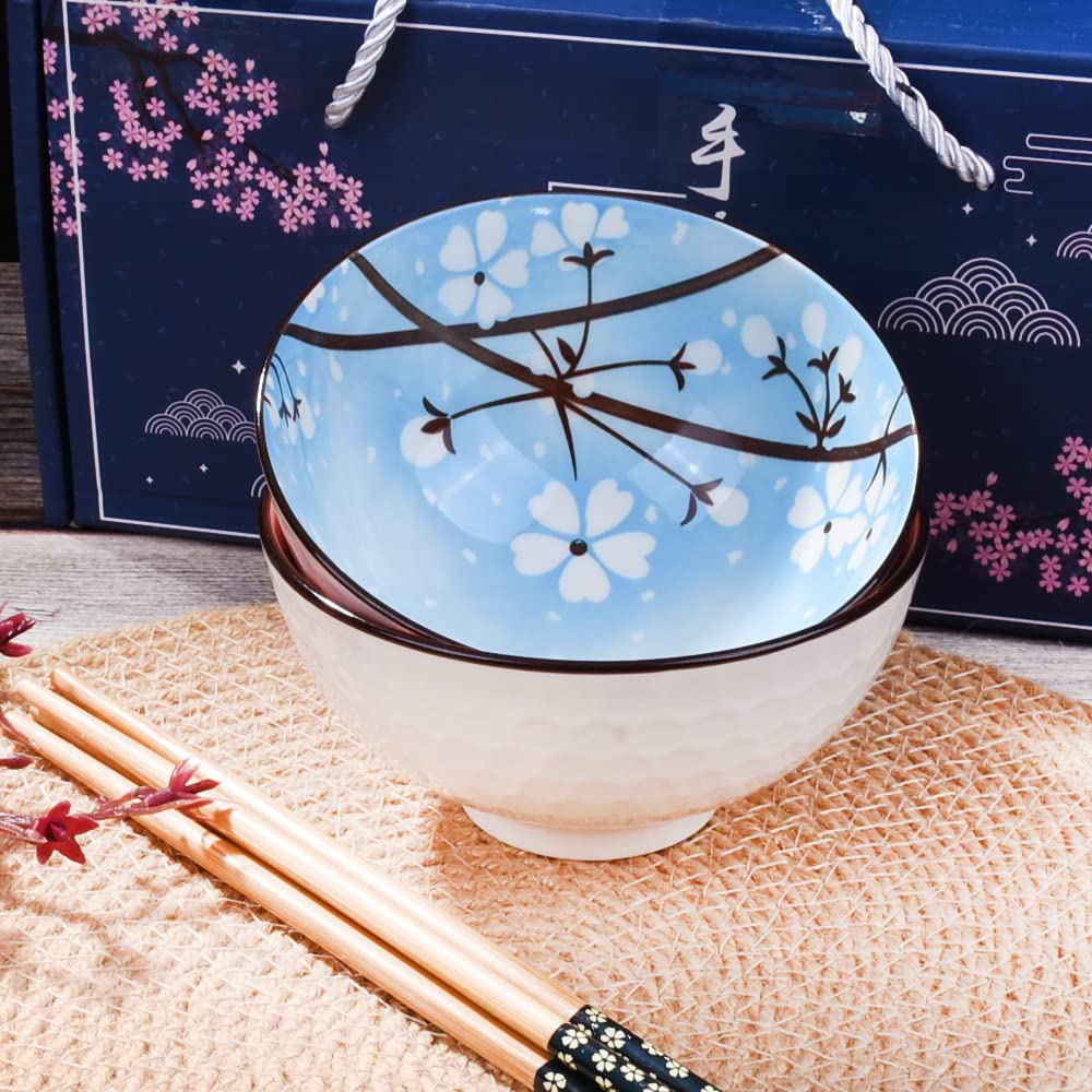 Premium Japanese Ceramic Rice Bowls - Set of 2 Sushi Bowls for Nuts, Sauces & Snacks (Blue & Pink) - Perfect for Sushi, Asian Cuisine & Home Dining
