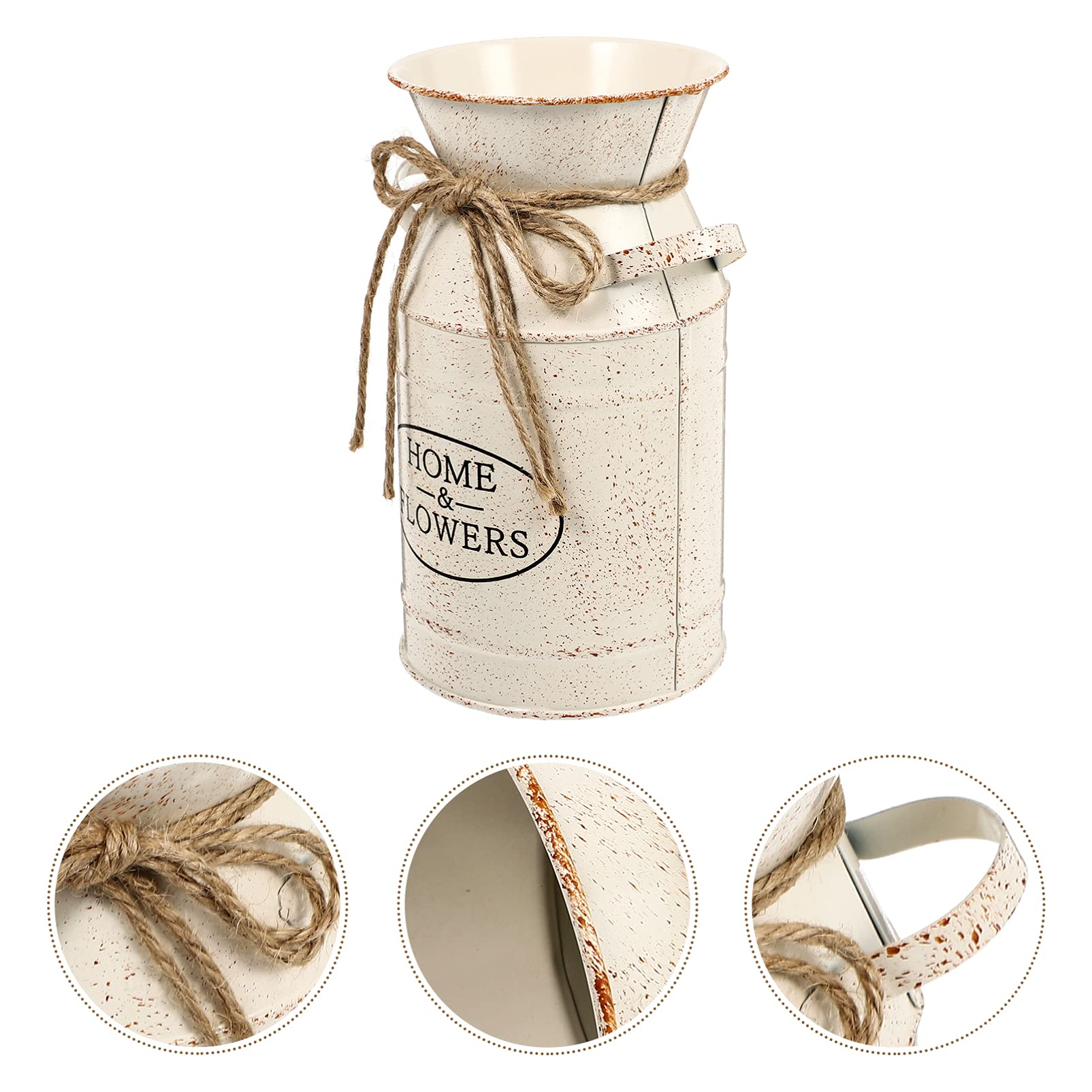 French Style Shabby Chic Galvanized Metal Flower Vase - Rustic Milk Can Pitcher for Farmhouse Decor, Wedding Centerpiece & Home Floral Arrangements (Beige)