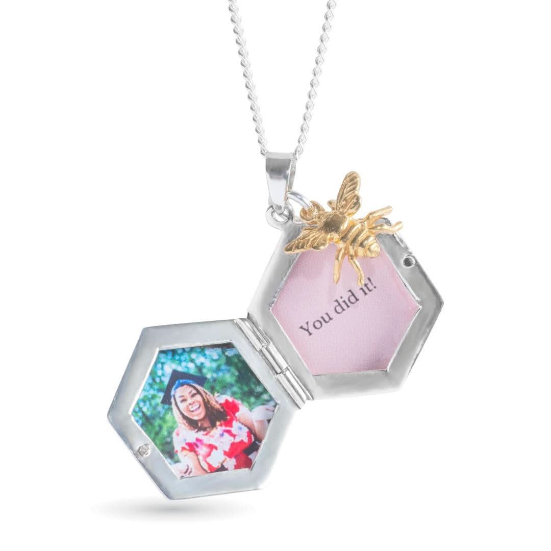 Bee Locket Necklace in Sterling Silver with Photo Insert - Perfect for Memorial Jewelry, Gifts & Keepsakes