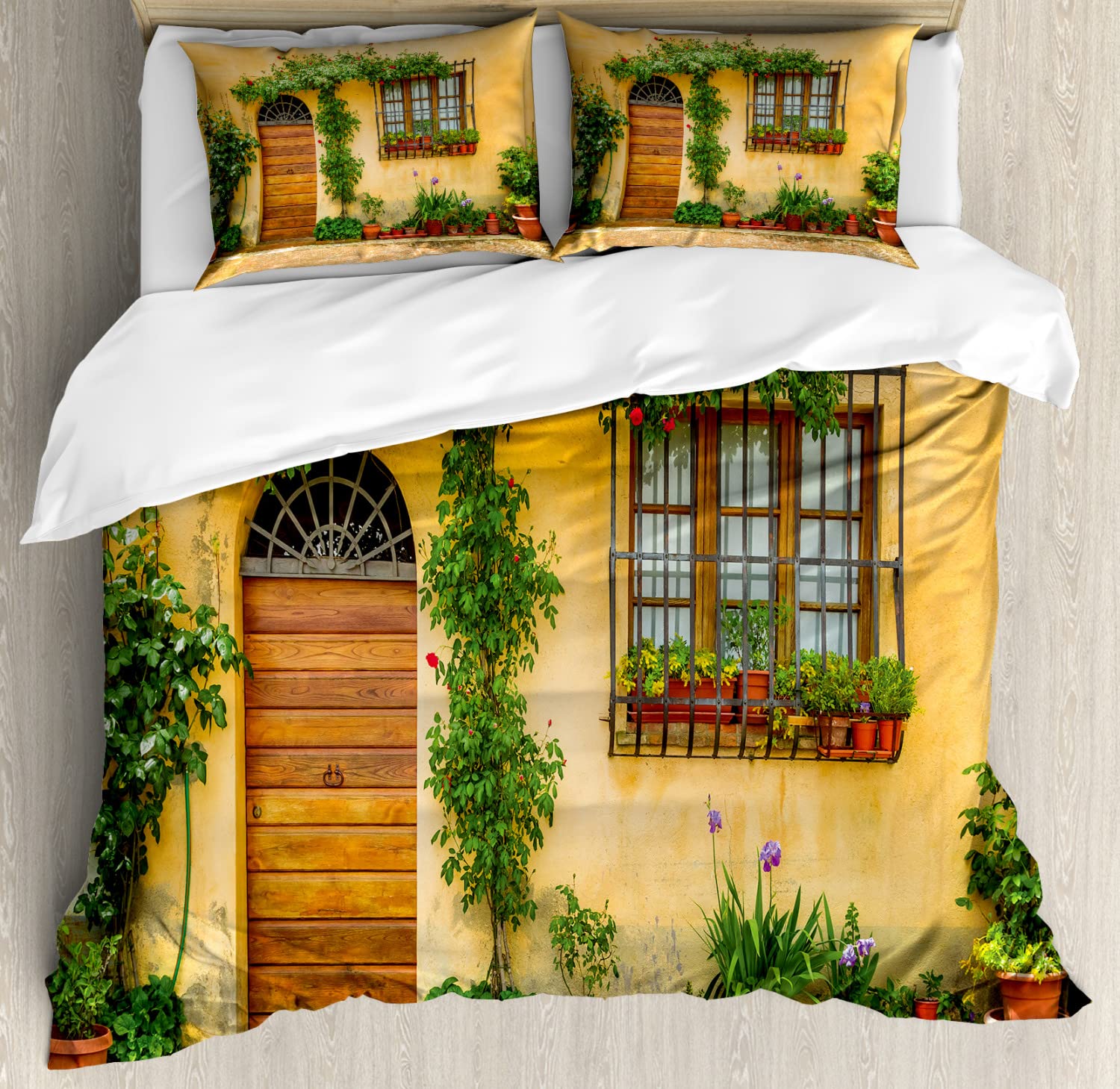 Ambesonne Italy Duvet Cover Set - Queen Size 2-Pack with 2 Duvet Covers & 4 Pillowcases, Porch Floral Design Featuring Tuscan City Life in Apricot Green Brown | Perfect for Bedroom Decor, Guest Room Makeover, and Cozy Home Styling