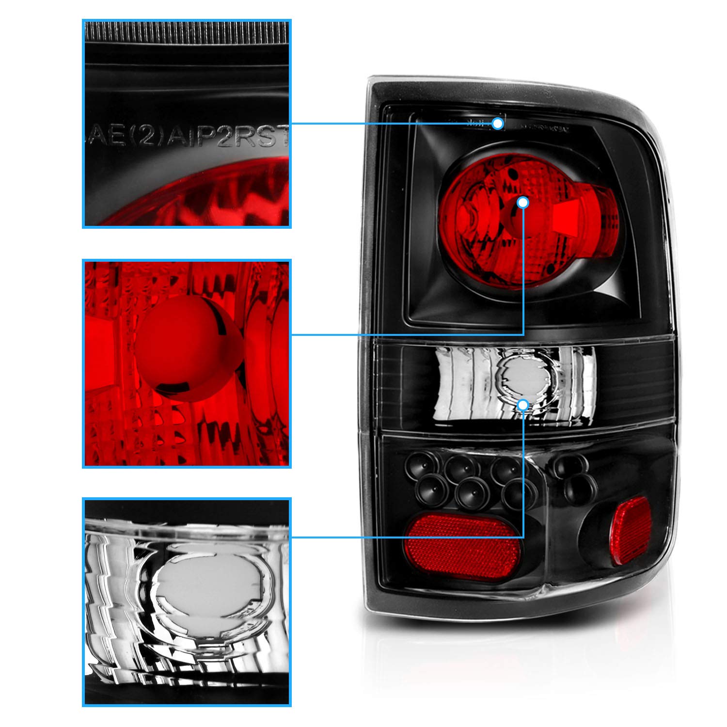 AmeriLite Euro Black Replacement Tail Lights Assembly Pair for 2004-2008 Ford F-150 Truck - Left & Right Side - Enhances Night Visibility & Vehicle Style