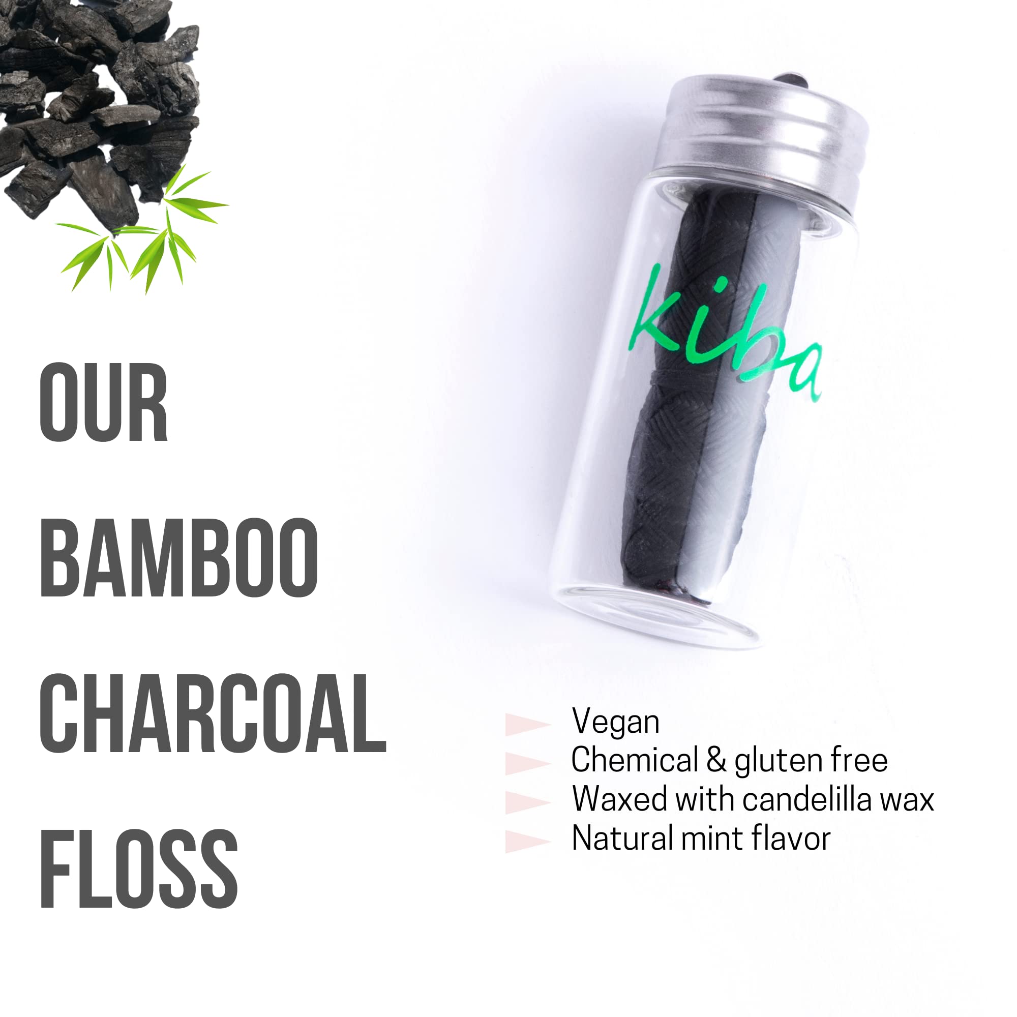 Kiba Bamboo Charcoal Dental Floss with Reusable Glass Container - 5pc Eco-Friendly Kit (1 Glass Holder + 4x30m Refills) - Mint Flavored, Vegan, Candelilla Wax - Perfect for Travel & Zero-Waste Oral Care