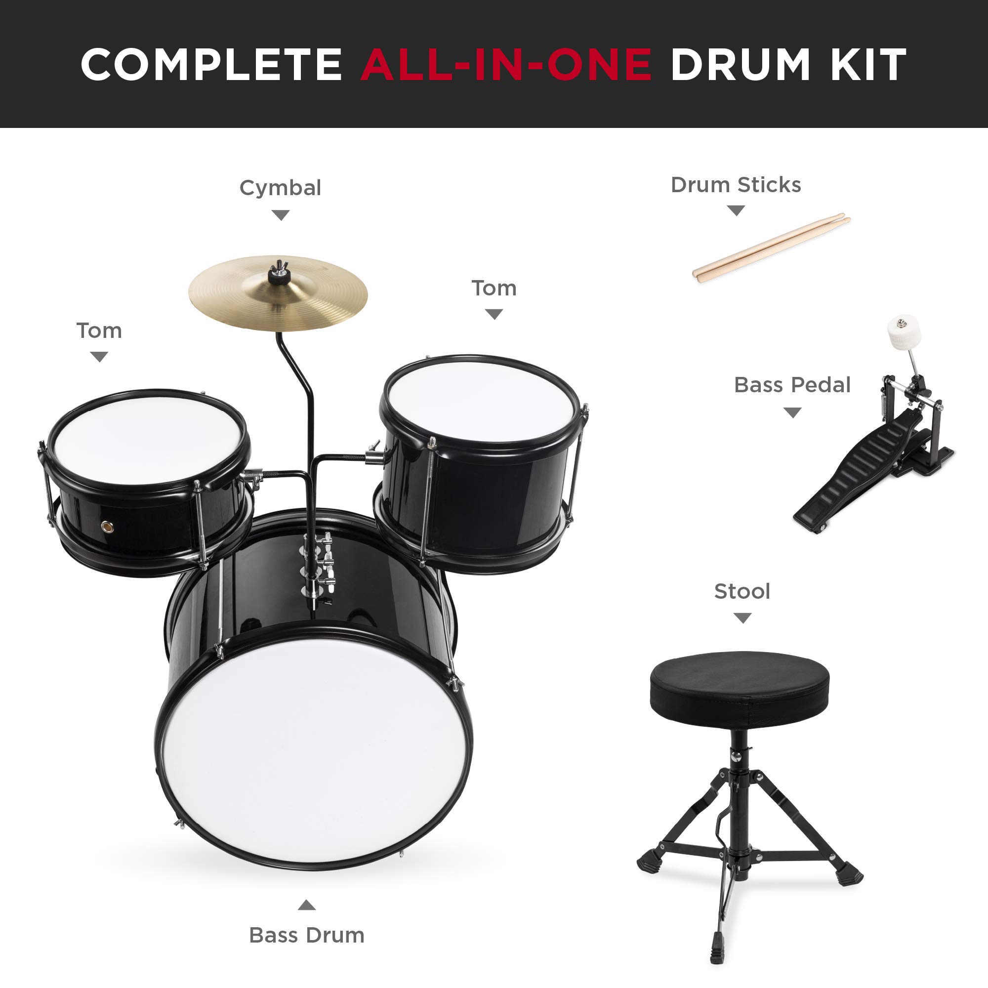 Best Choice Products 3-Piece Kids Drum Set for Beginners - Junior Drum Kit with Throne Stool, Cymbal, Drum Sticks & Bass Drum Pedal - Black - Perfect for Home Practice, Music Lessons & Kids Birthday Gifts