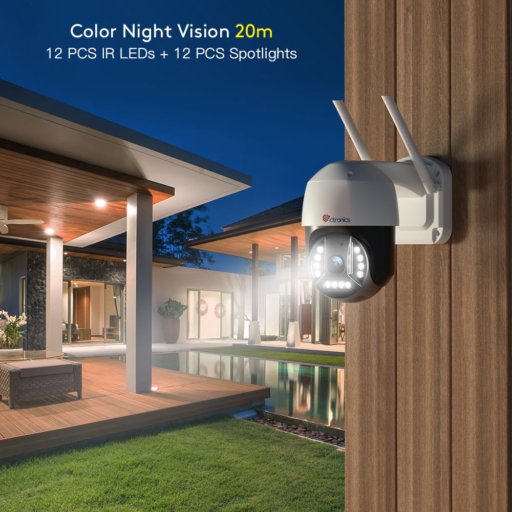 Ctronics 4K 8MP Outdoor Security Camera with Smart Human/Vehicle Detection - 2.4/5GHz WiFi IP66 Weatherproof Surveillance Camera, Auto Tracking, 65ft Color Night Vision, Two-Way Audio - Ideal for Home Security, Garage Monitoring & Business Protection
