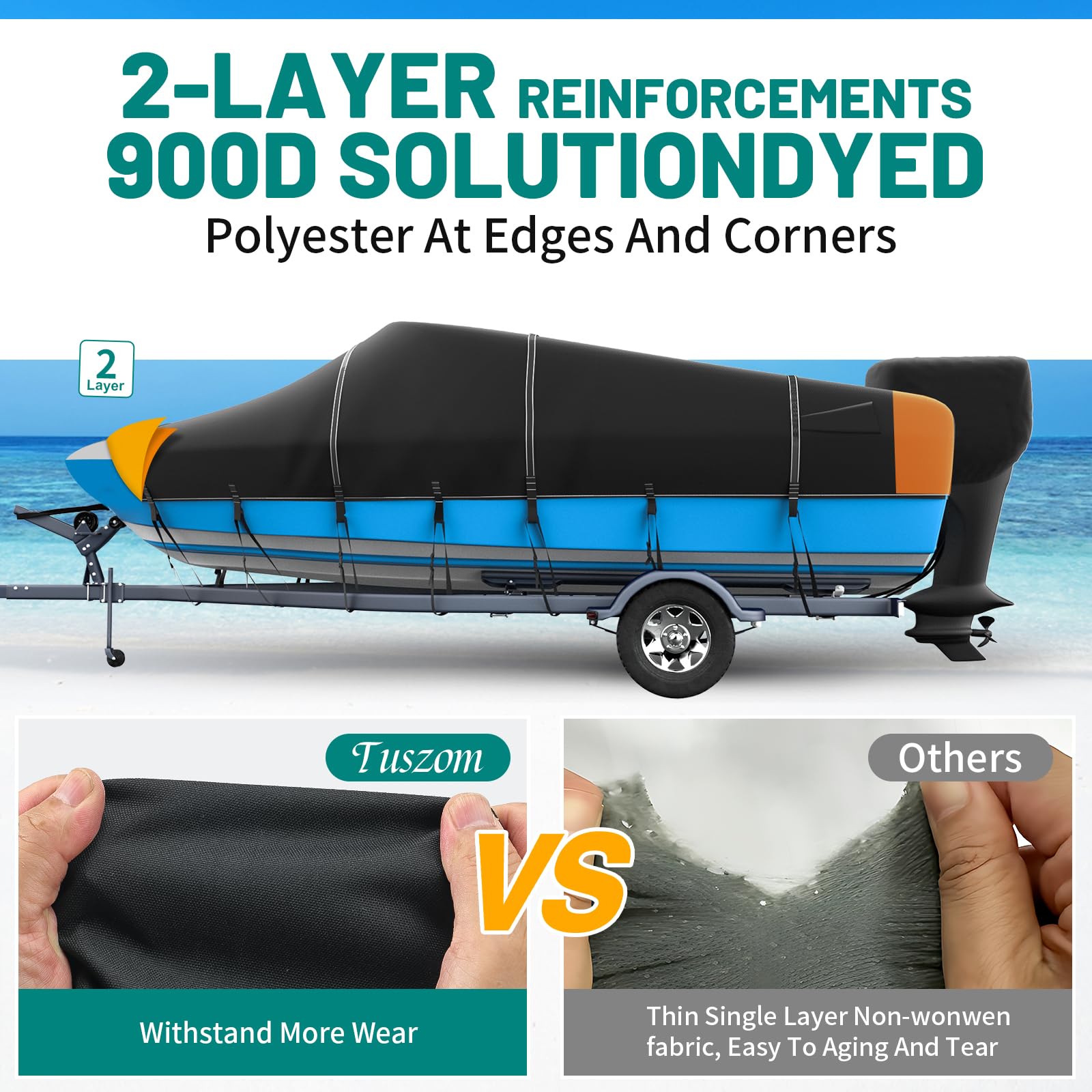 **True 100% Waterproof 900D Solution-Dyed Boat Cover with 17 Windproof Straps – Fits V-Hull, Tri-Hull, Bass Boat, Runabout, Fishing & Ski Boats (14'-16' L, Up to 90