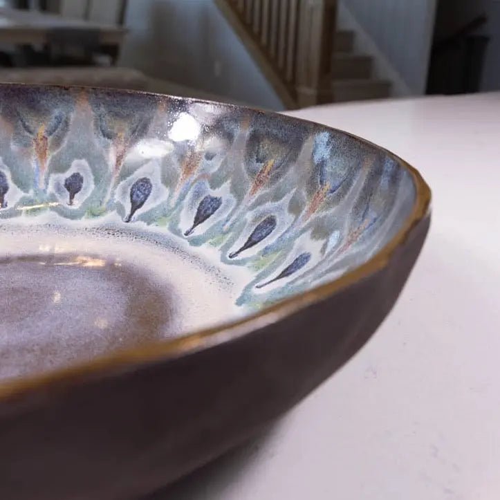XXL Dark Brown Stoneware Peacock Serving Bowl - Large Handcrafted Ceramic Bowl for Salads, Pasta, Fruit, and Entertaining - Big Bowl Series #49