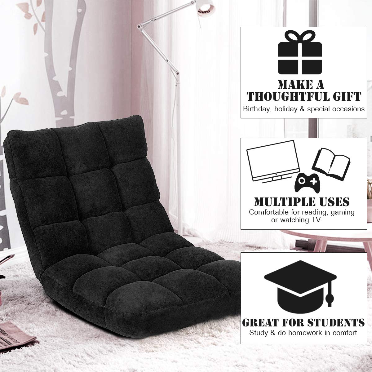 LDAILY 14-Position Adjustable Floor Gaming Chair with Lumbar Support - Ergonomic Padded Cushion Folding Recliner Sofa for Adults - Perfect for Floor Sitting, Reading, Video Games & Home Office (Black)