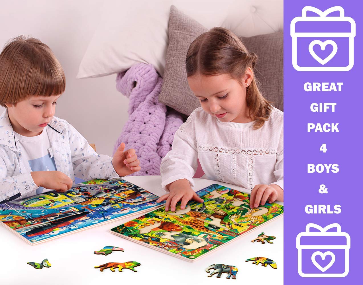 QUOKKA Wooden Puzzles for Kids Ages 3-8 - 4 Pack 60-Piece Toddler Learning Toys with Cars, Ships & Animals - Educational Wooden Games for Boys & Girls - Perfect for Preschool Learning, Birthday Gifts & Family Game Night