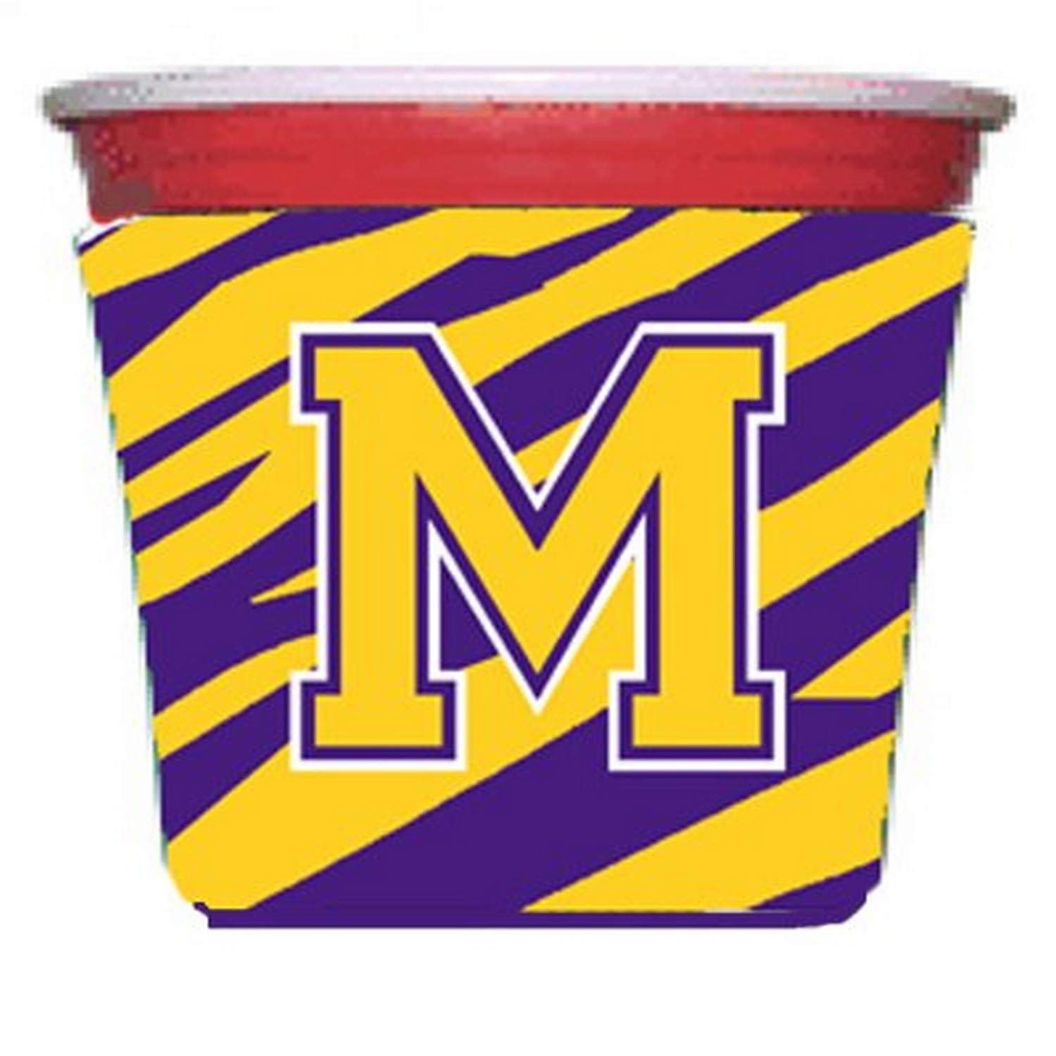 Purple & Gold Letter M Monogram Tiger Stripe Beverage Insulator Hugger - Stylish Cup Sleeve for Parties, BBQs, and Tailgating