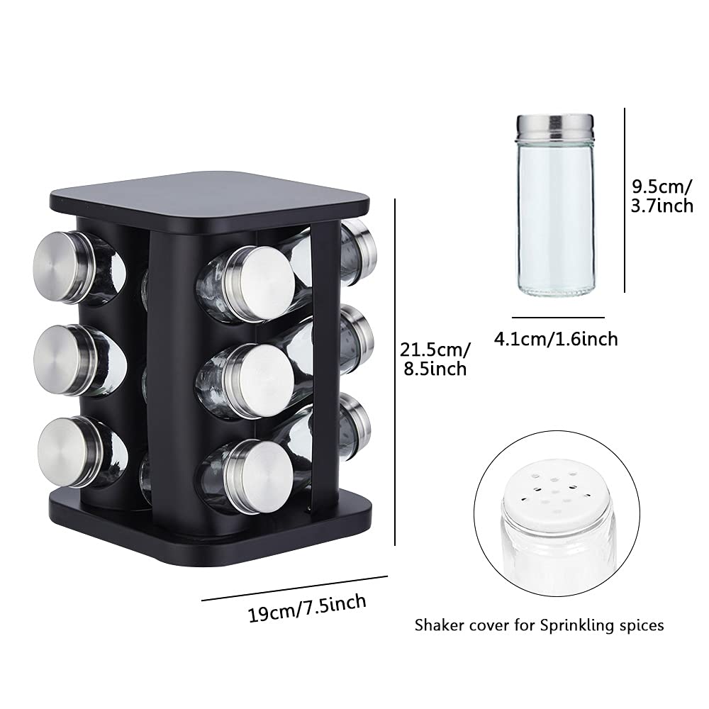 TINMIX 12-Jar Revolving Spice Rack Organizer - Stainless Steel Countertop Spice Tower with Refillable Glass Jars for Kitchen, Cabinet & Pantry Storage - Perfect for Cooking, Baking & Seasoning Organization (Black)