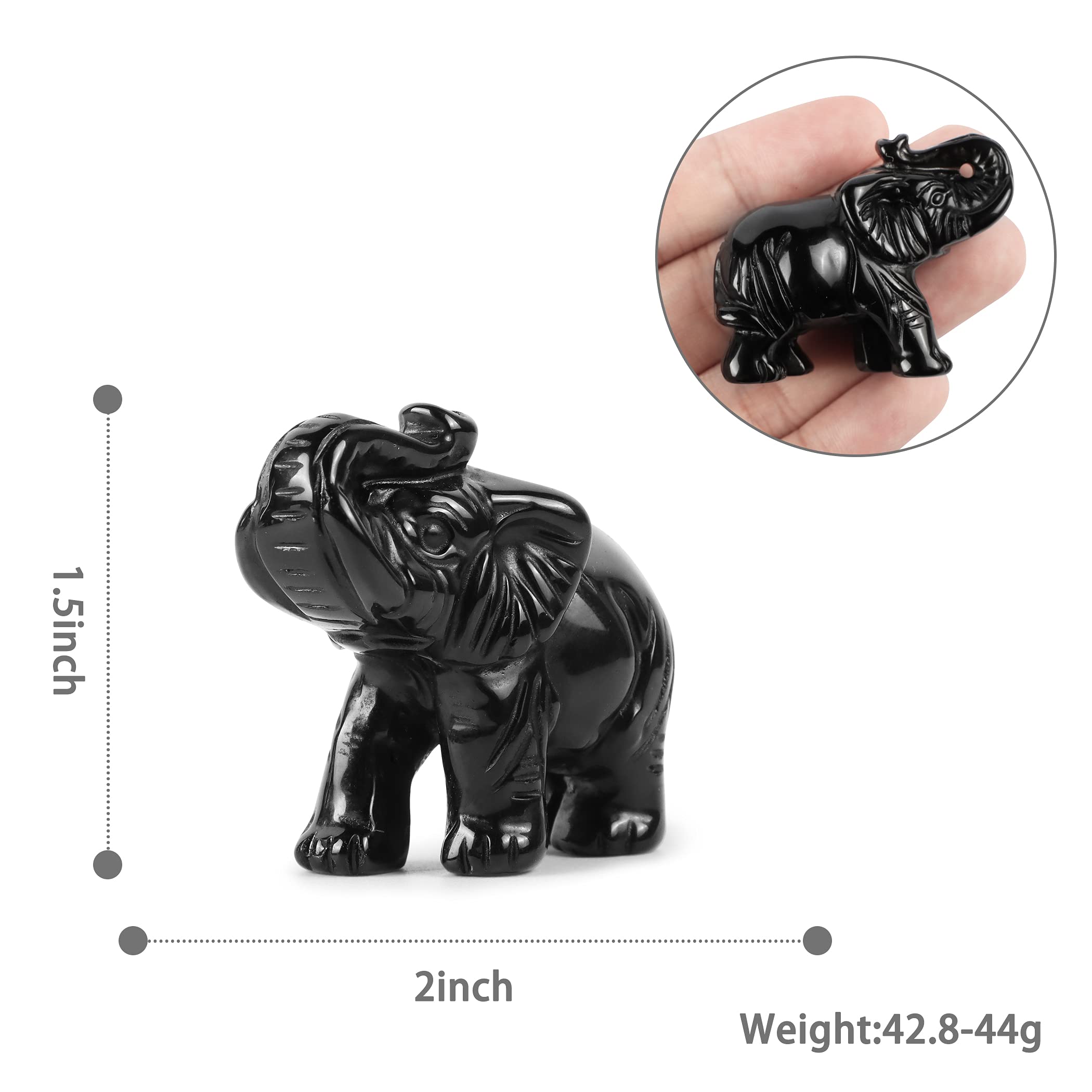 Hand Carved Black Obsidian Crystal Elephant Statue - 2 Inch Gemstone Animal Sculpture for Home & Office Decor, Desk Ornament with Gift Box | Feng Shui Decor, Meditation Space, Yoga Room & Spiritual Gift