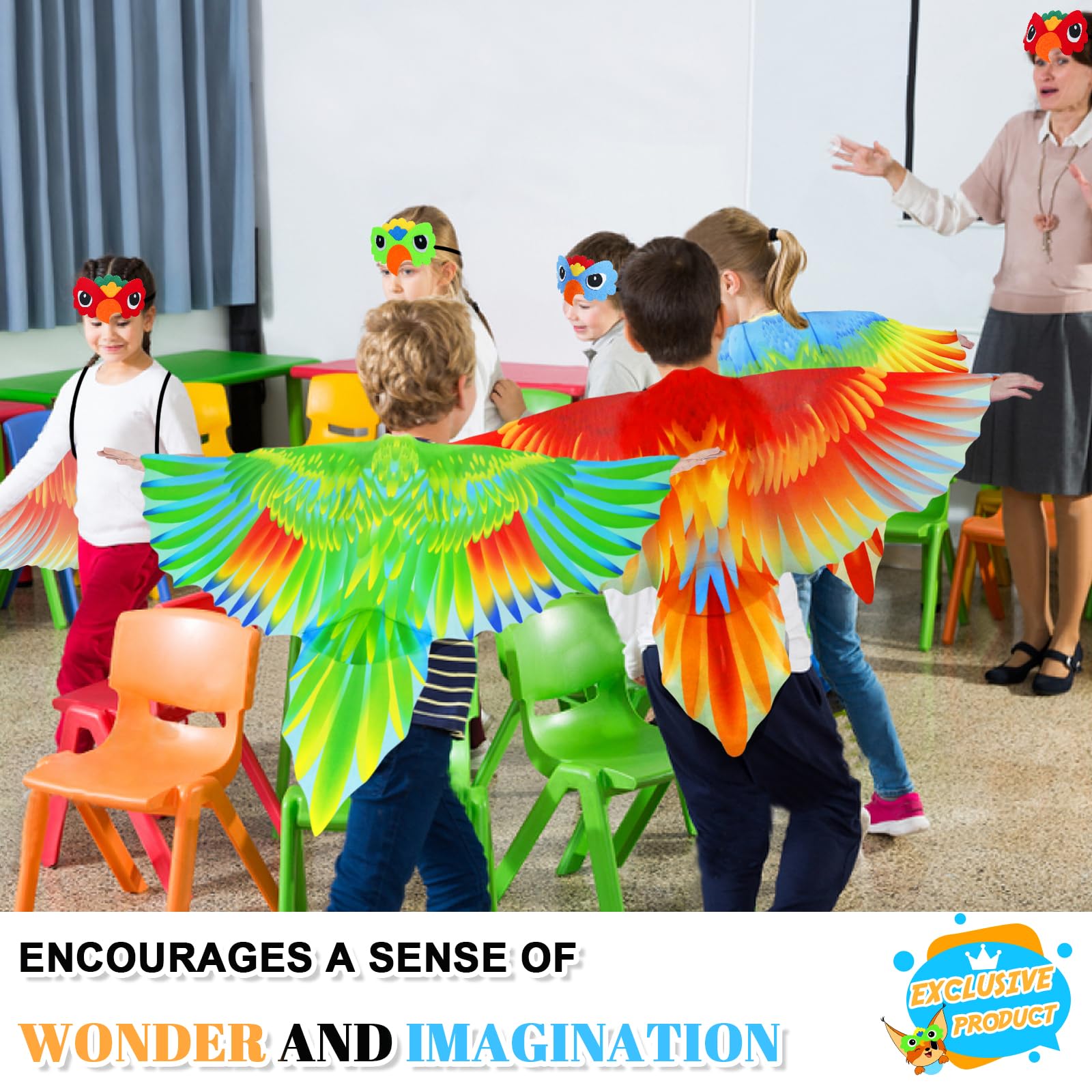 Kids Parrot Costume Set with Wings & Headband - Eagle Dress-Up Cape for Boys & Girls - Halloween Party Favors, Birthday Gifts, School Play & Dress-Up Fun