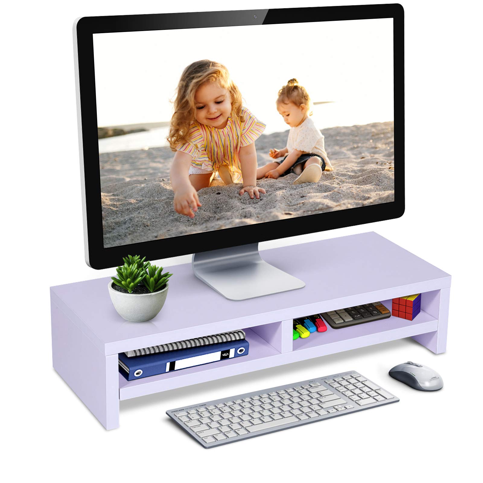 2-Tier Solid Wood Monitor Riser Stand with Storage Grids - 19.7