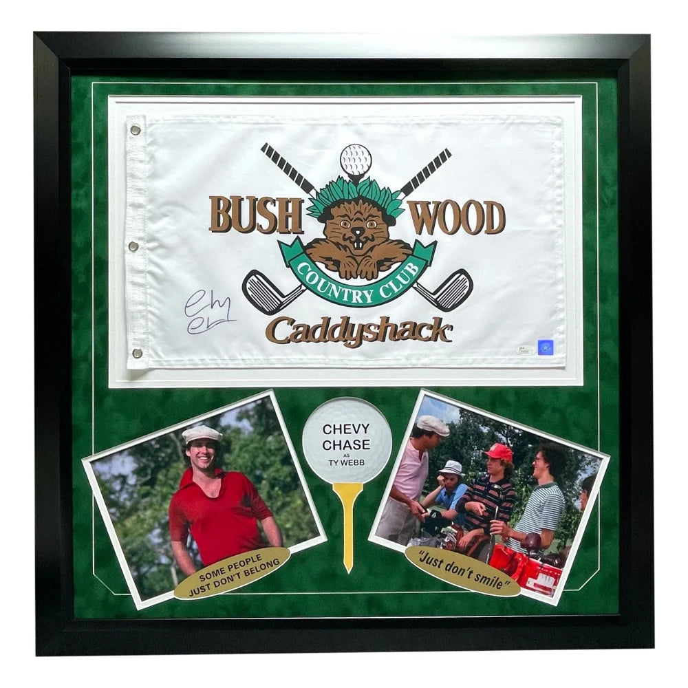 Chevy Chase Autographed Caddyshack Movie Memorabilia - Signed Flag Frame Collage with COA & Bushwood Pin - Perfect for Golf Fans & Movie Collectors - Home Theater Decor, Man Cave Gift, Sports Bar Display