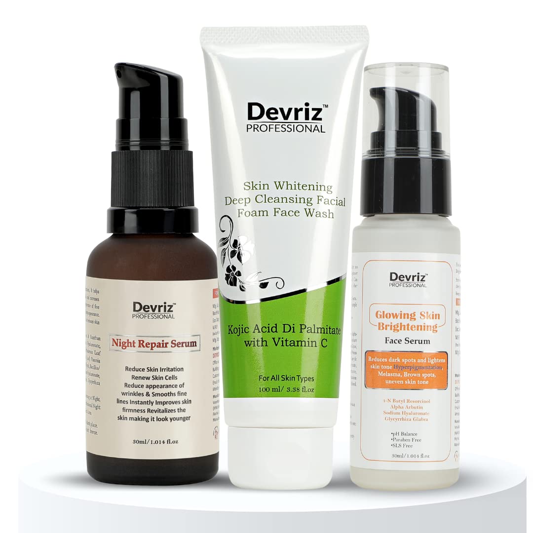 Brightening Foam Face Wash with Day & Night Serum for Pigmentation - Glowing Skin Care Set for All Skin Types (3-Pack) | Daily Skincare Routine for Even Tone & Radiant Complexion