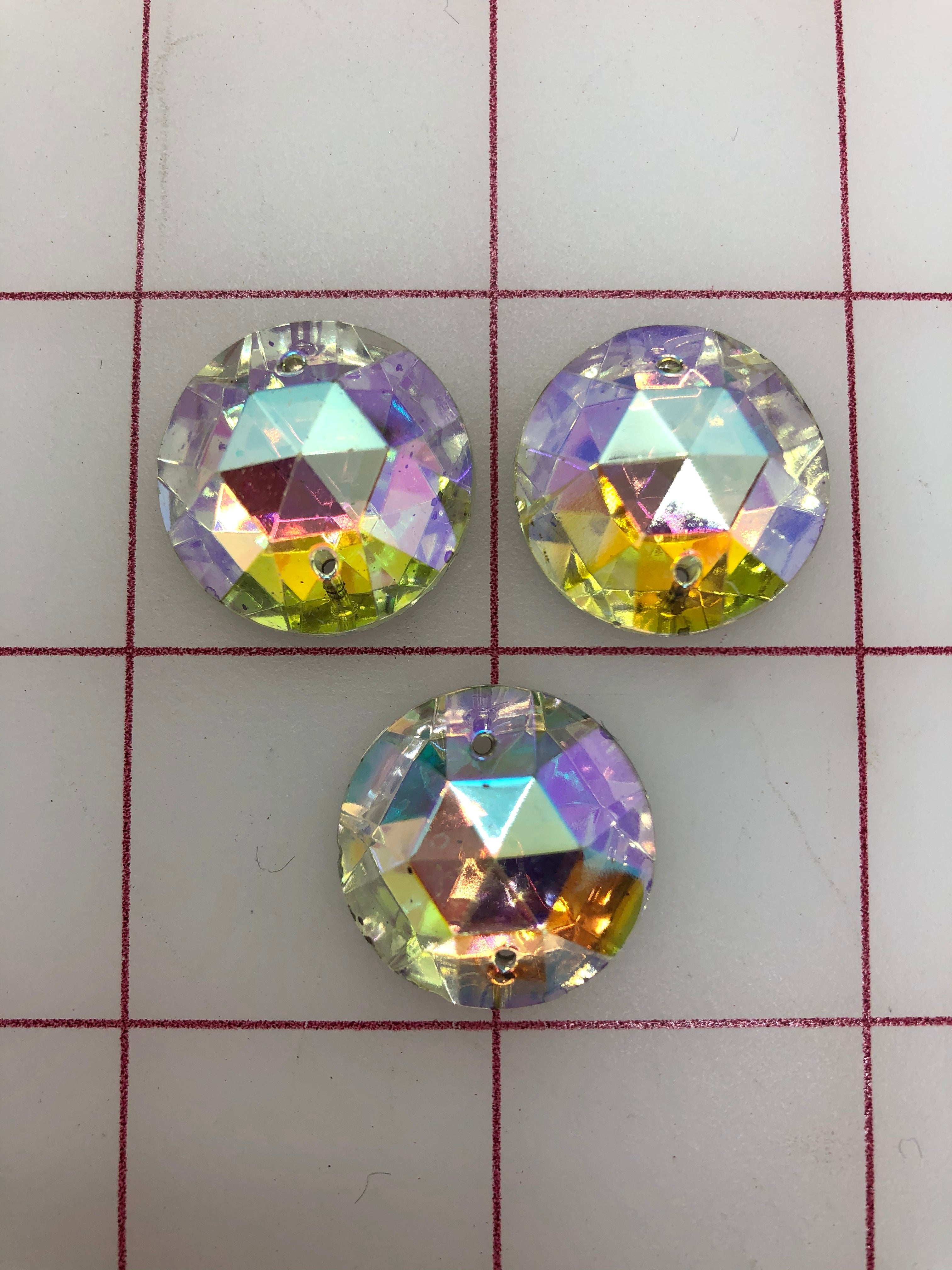 22mm Czech AB Crystal Rhinestones - Round Sew On 3 Pack for DIY Clothing, Costumes & Craft Projects