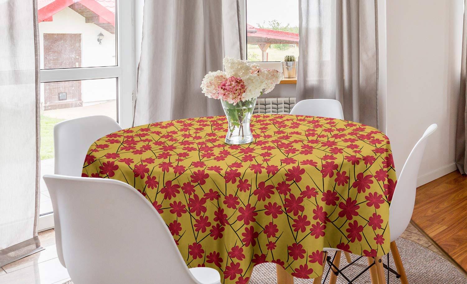 Ambesonne Floral Round Tablecloth - Traditional Japanese Cherry Blossom Pink Sakura Design, 60 Inch Circle Table Cover for Dining Room & Kitchen Decor in Earth Yellow & Dark Brown | Perfect for Spring Parties, Tea Ceremonies & Asian-Themed Home Decor