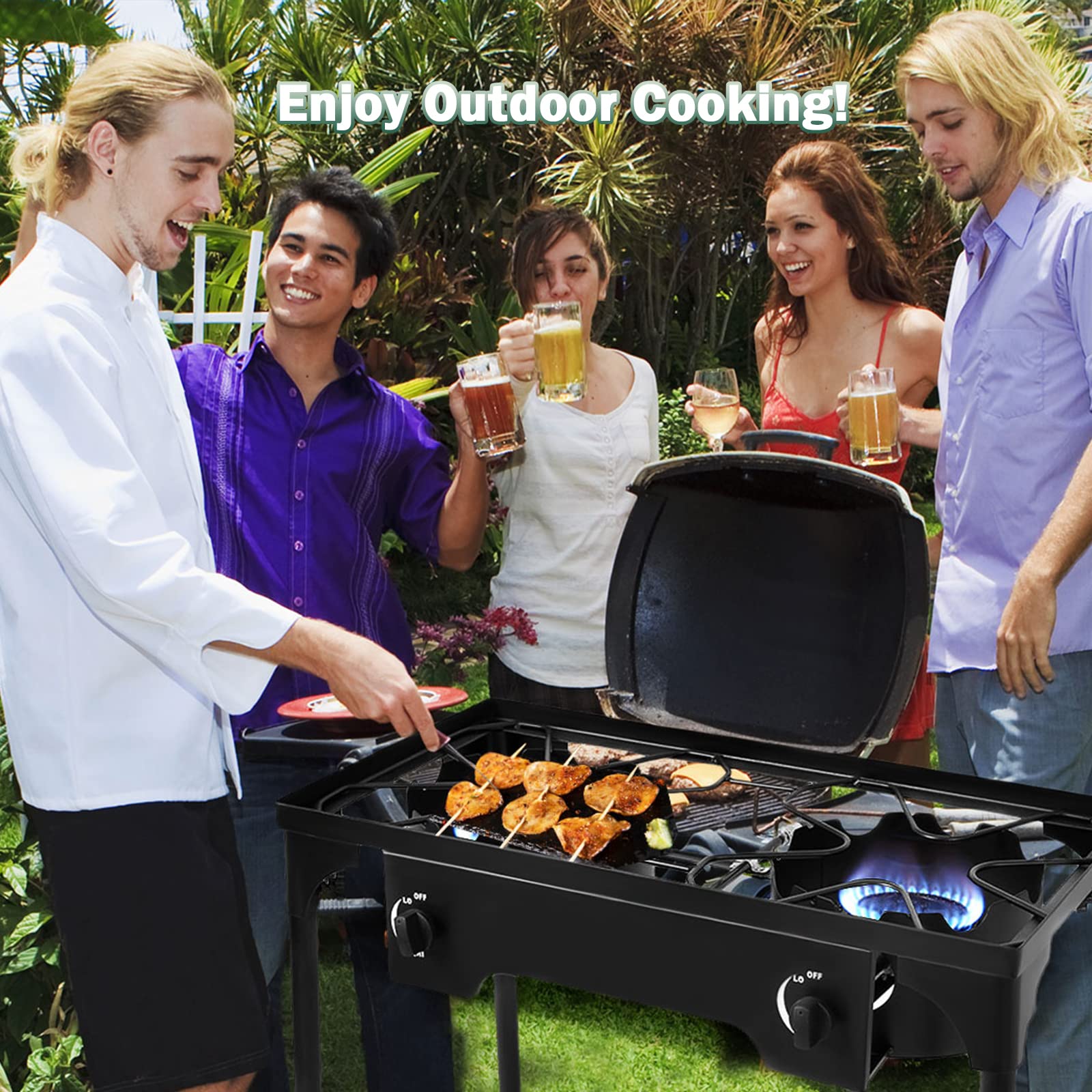 Goplus Dual Burner Propane Camping Stove - 150,000 BTU Outdoor Gas Cooker with Detachable Legs & 0-20 PSI Regulator - CSA Approved for Camping, Patio, RV & Backyard BBQs - Heavy Duty Cast Iron Construction
