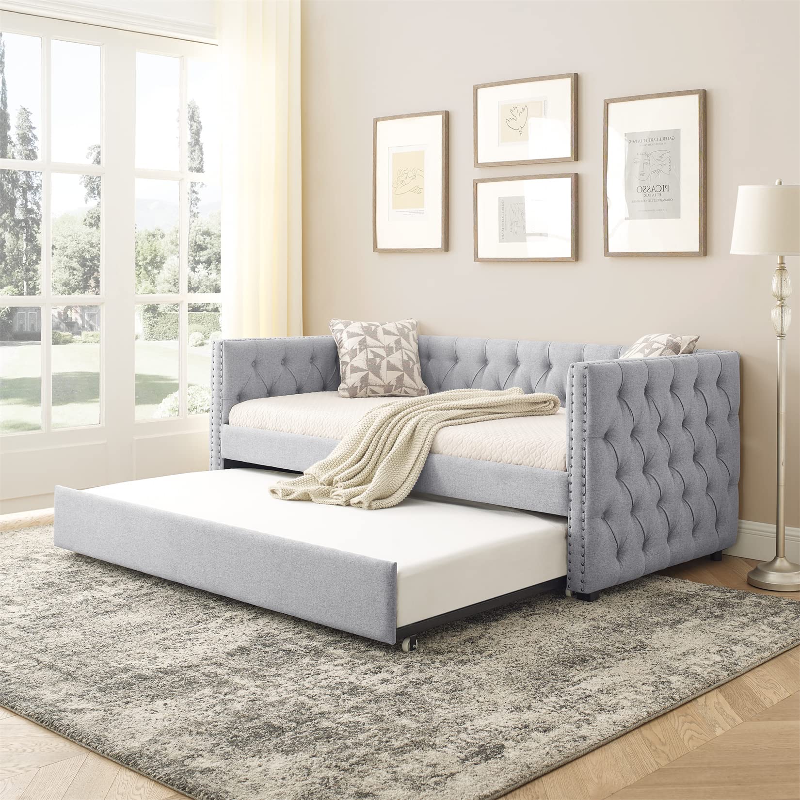 Bellemave Twin Upholstered Daybed with Trundle - Mid Century Modern Tufted Button Sofa Bed Frame with Wood Slats - Gray Twin Size Daybed for Living Room, Guest Room & Small Space