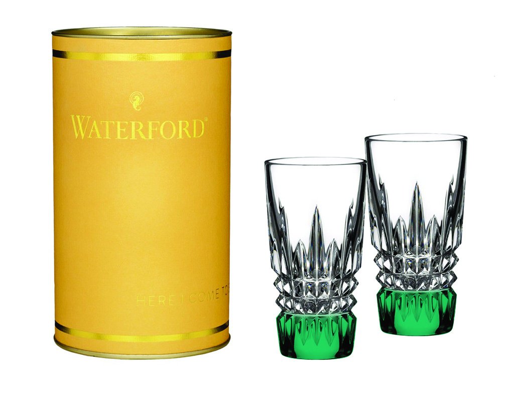 Waterford Crystal Lismore Diamond Shot Glasses Set of 2 - Emerald Green Base | Elegant Barware for Whiskey, Vodka & Cocktail Parties