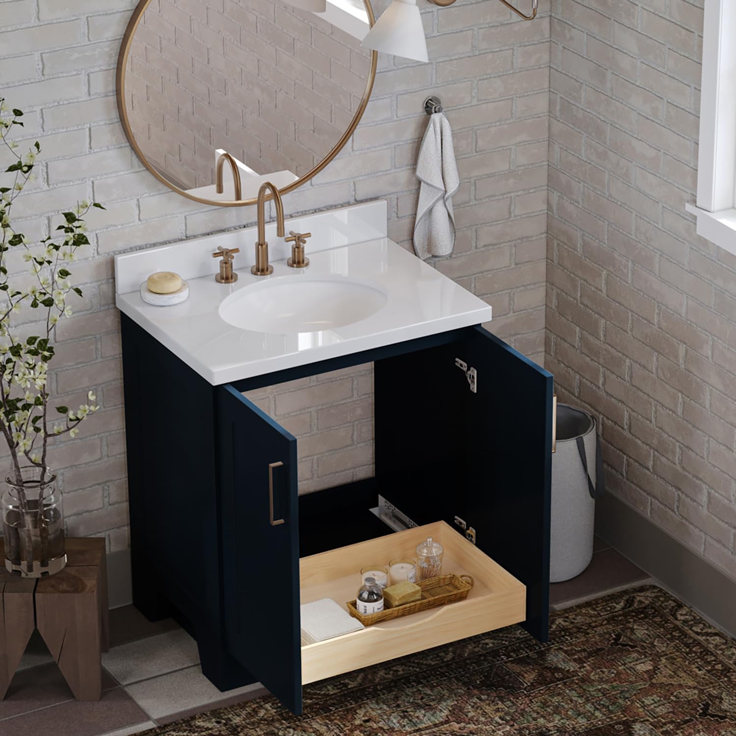 Midnight Blue Bathroom Vanity with Sink - Solid Wood Cabinet & Quartz Top for Modern Bathrooms