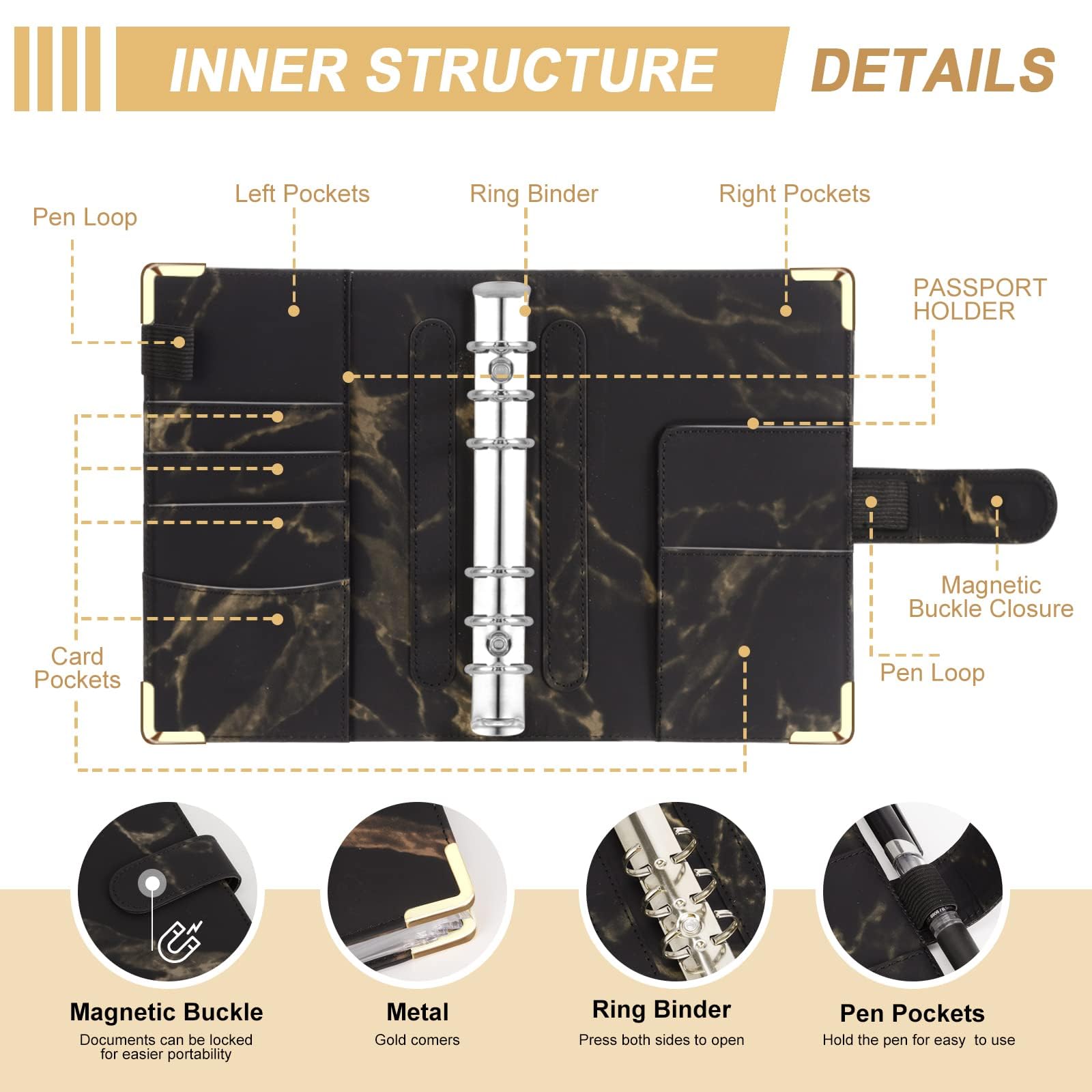 PU Leather Budget Binder with Zipper Envelopes - Money Organizer for Cash, Bills & Coupons | Cash Envelope System for Budgeting & Saving Money | Marble Black | Perfect for Home Finance, Travel & Office Use