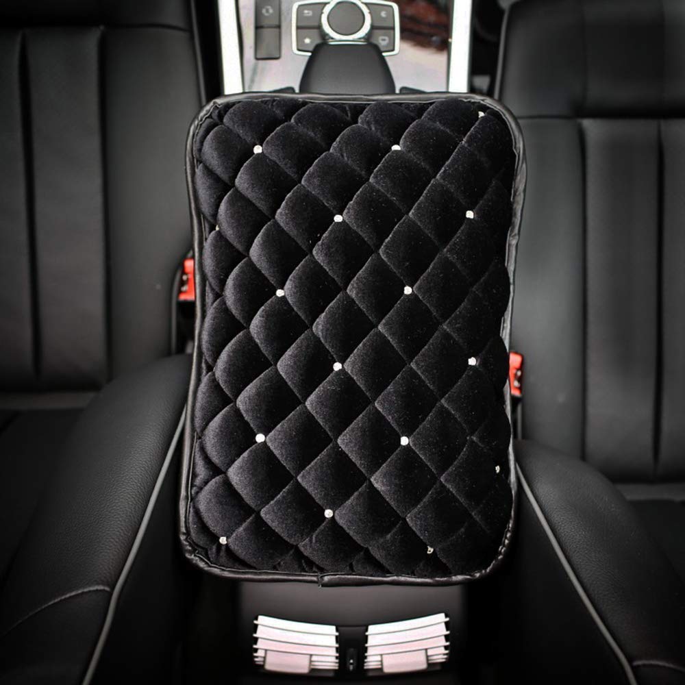 Luxury Diamond Car Center Console Cover - Plush Crystal Armrest Cushion Pad for Women | Soft Protective Case with Shimmering Decor | Perfect for Sedans, SUVs & Luxury Vehicles (Black)
