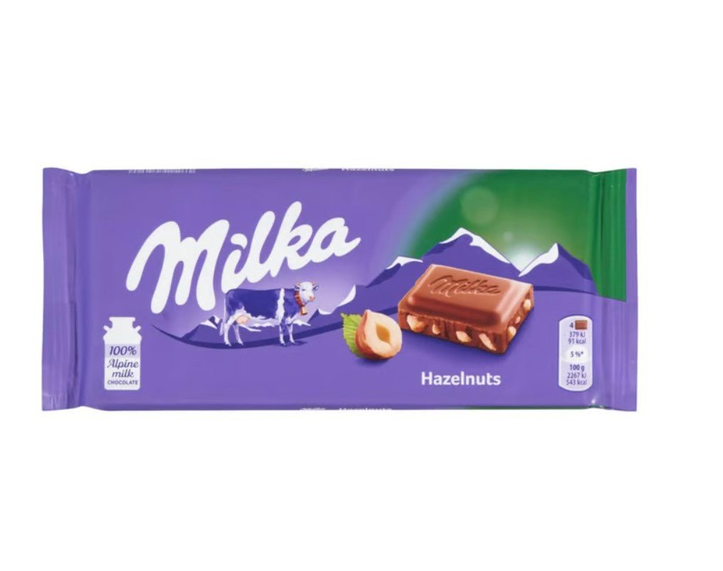 Milka Hazelnut Chocolate Bar - 100g Delicious Swiss Milk Chocolate with Crunchy Hazelnuts - Perfect for Gifts, Snacking & Dessert Topping