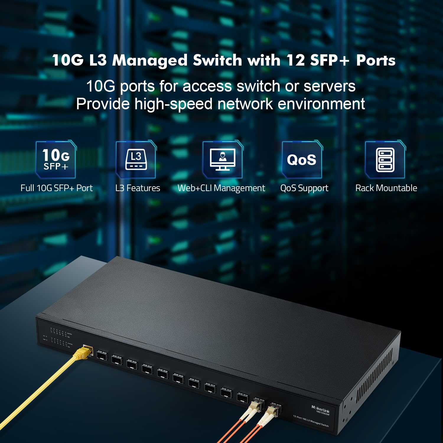 MokerLink 12 Port 10Gbps SFP+ Managed Fiber Switch | 240Gbps Bandwidth | L3 Managed | Supports 1G/10G SFP+ Modules | Ideal for Data Centers, Enterprise Networks & High-Speed Internet Connectivity