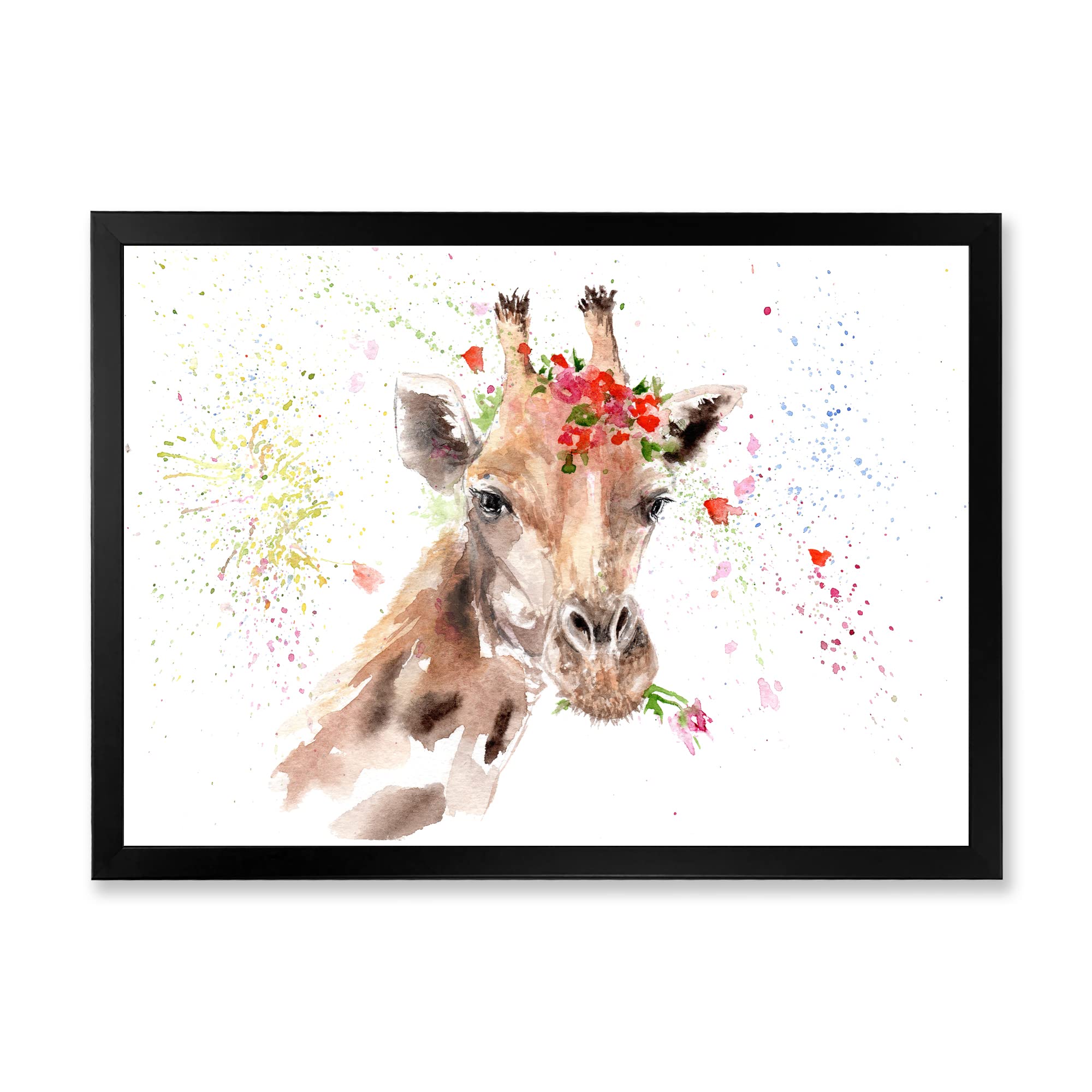 DesignQ Giraffe with Flowers III - Farmhouse Framed Wall Art Decor for Living Room, Bedroom & Nursery - Animal Portrait Painting for Home & Office