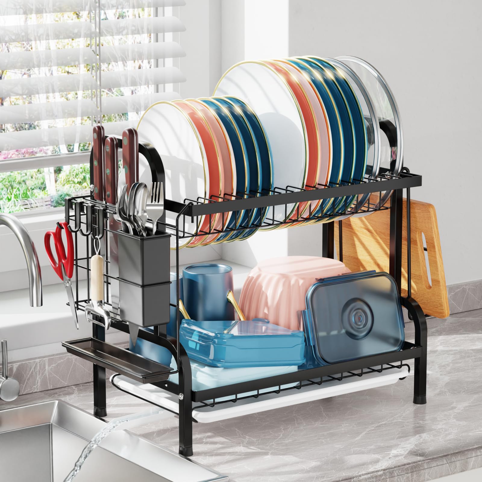 iSPECLE 2-Tier Dish Drying Rack with Utensil Holder & Cutting Board Holder - Large Capacity Kitchen Countertop Drainer with Drainboard for Small Spaces, Black - Perfect for Compact Kitchens, Dish Organization & Efficient Drying