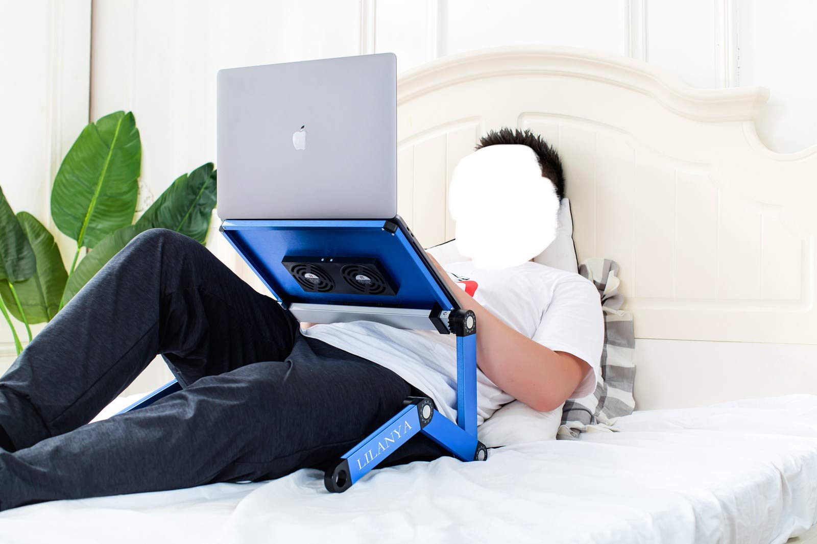 LILANYA Adjustable Laptop Stand with USB Fan - Ergonomic Portable Laptop Table for MacBook, Ultrabook & Notebook - Perfect for Work from Home, Office, Travel, Bed or Couch Use (Blue)