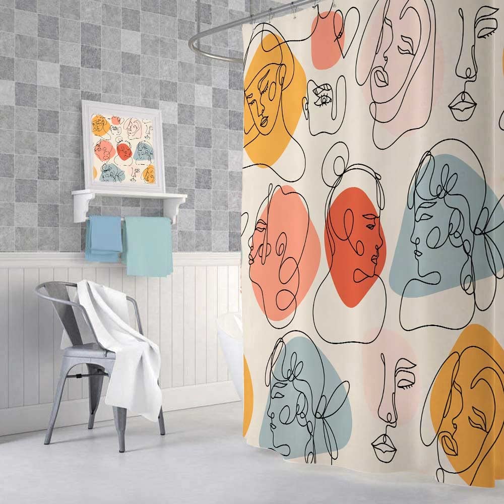 Modern Abstract Shower Curtain with Female Silhouettes - Pastel Line Art Bathroom Decor in Black & Beige - 72x78 Inch Waterproof Fabric with Hooks - Perfect for Contemporary Bathrooms & Spa-Like Showers