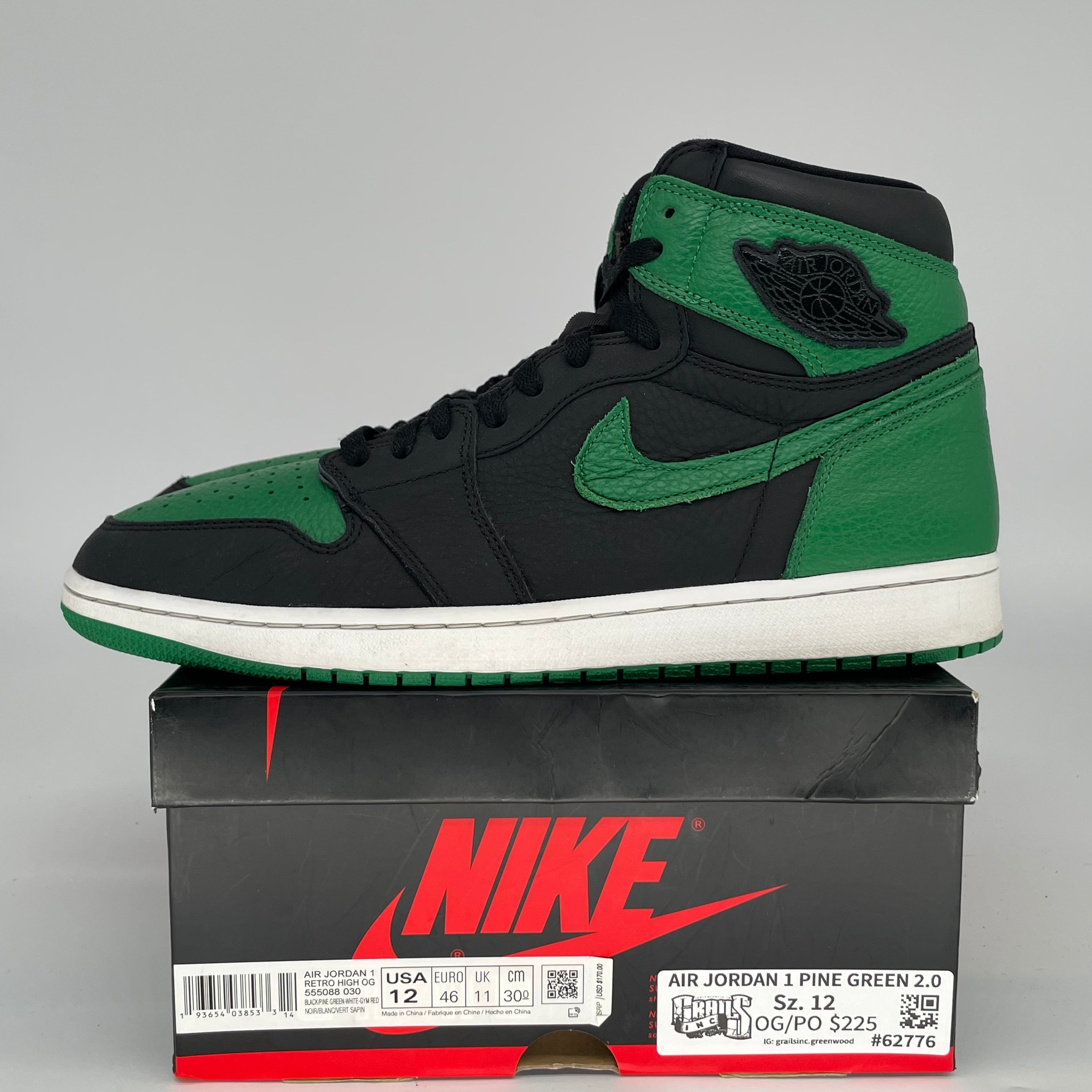 AIR JORDAN 1 PINE GREEN 2.0 Men's Basketball Shoes - Size 12 (555088-030) | Retro High Top Sneakers for Casual Wear & Street Style