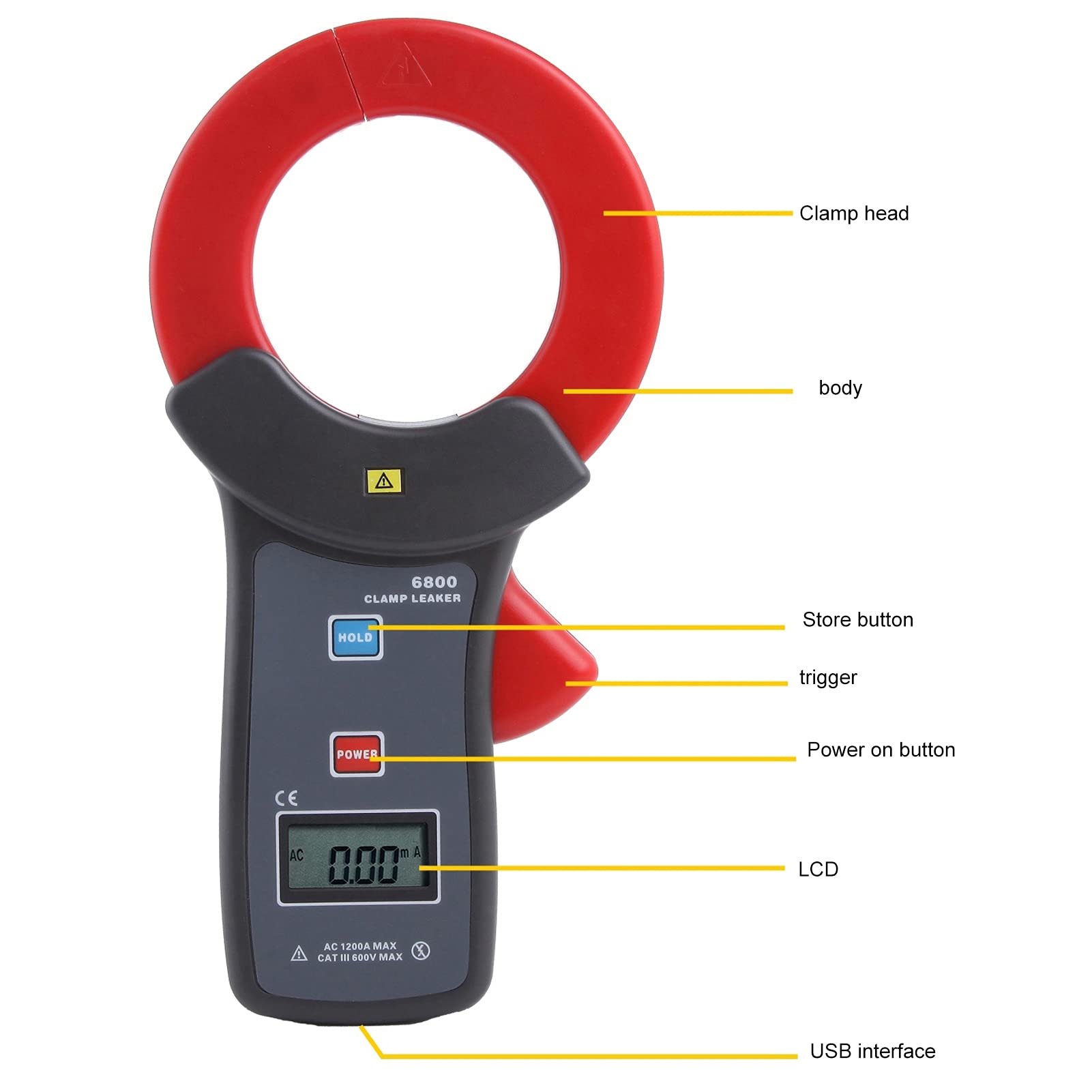 ETCR6800 Digital Leakage Clamp Meter - 68mm Jaw USB Current Tester Ammeter for Electrical Safety Testing | Ideal for HVAC, Industrial Maintenance & Home Electrical Inspections