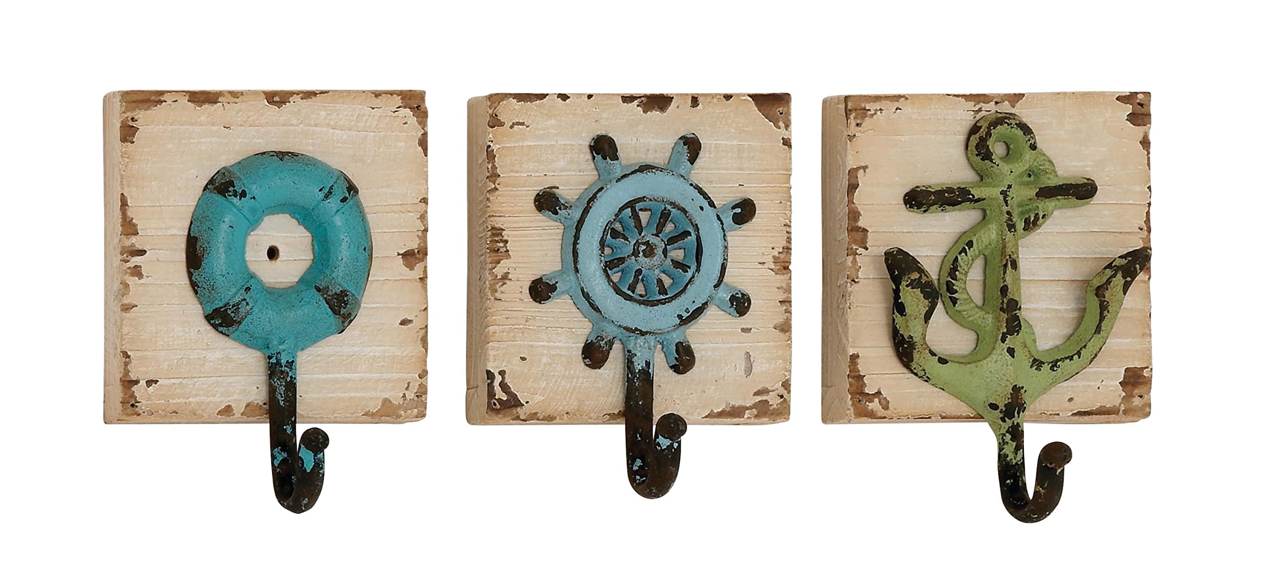 Deco 79 55487 Set of 3 Rustic Wood and Metal Wall Hooks - Heavy Duty Coat Hangers for Entryway, Bedroom & Bathroom Organization