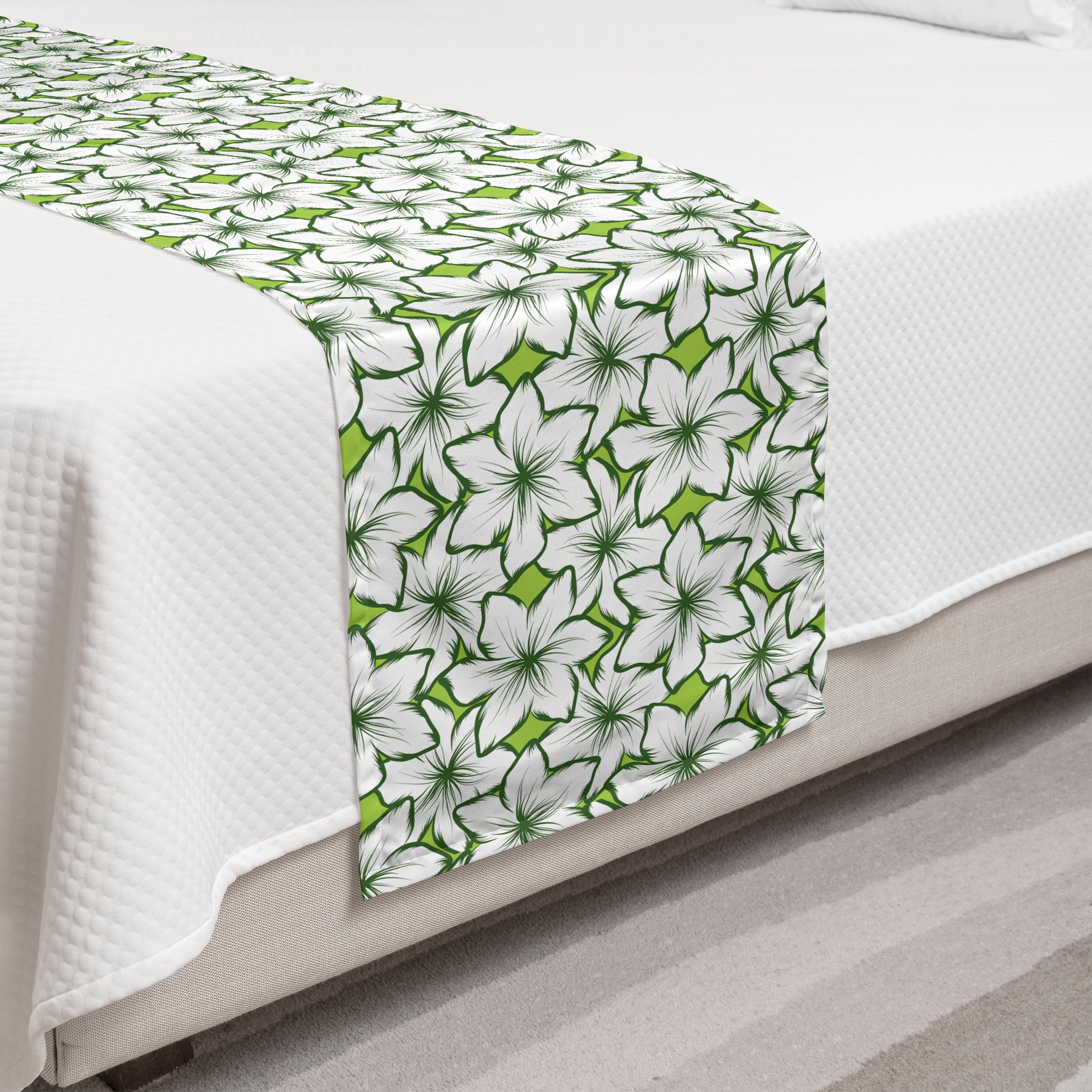 Ambesonne Floral Bed Runner - Tropical Flower Petals Nature Themed Decorative Bedding Scarf for Queen King Beds | Elegant Home Hotel Guest Room Decor in Apple Green & Olive Green | Perfect for Spring Summer Bedroom Makeover and Coastal Theme Decor