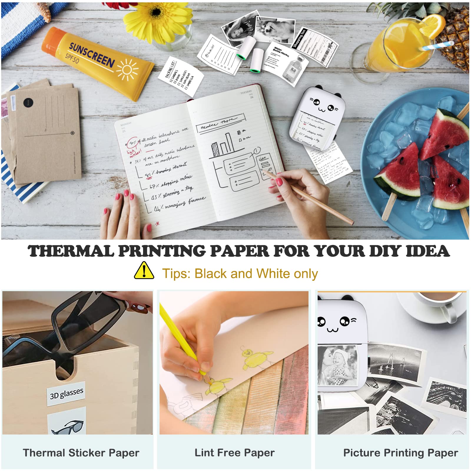 Mini Thermal Sticker Printer with 10 Rolls Paper - Portable Sticker Maker Machine for Notes, Journals & DIY Projects - Compatible with iOS & Android - Perfect for Kids, Work & Creative Gifts