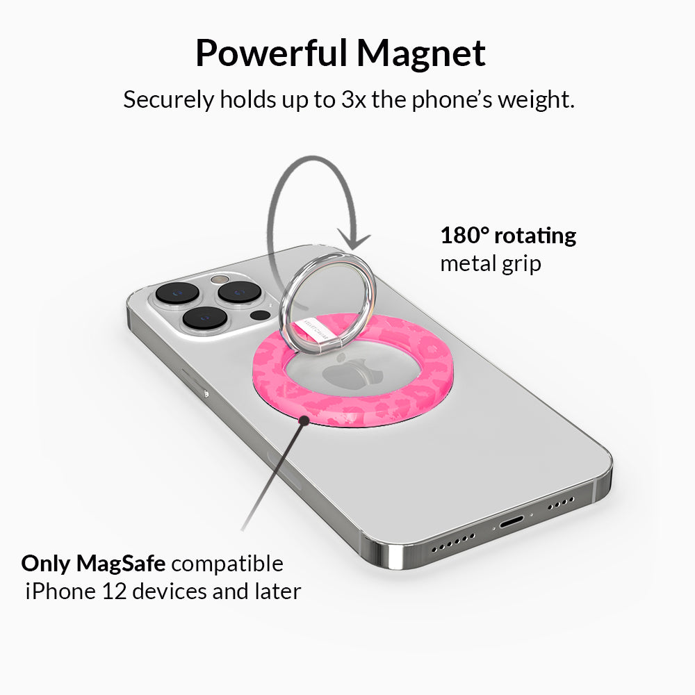Candy Pink Leopard Print MagSafe Grip Ring Holder - Compatible with iPhone 14/13/12 Series - Anti-Slip Phone Stand & Finger Strap for Secure One-Handed Use - Perfect for Driving, Shopping, and Taking Selfies