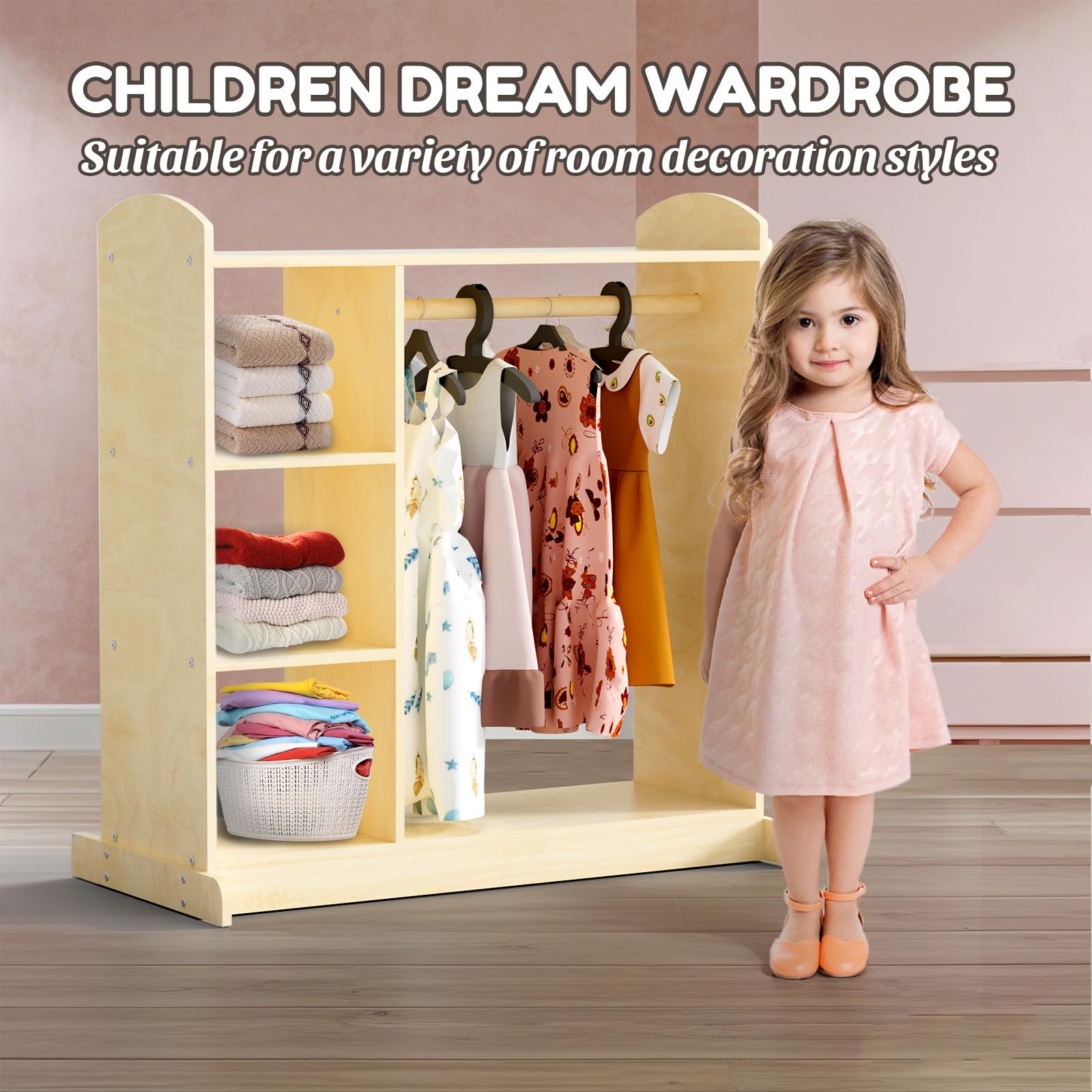 Kids Dress Up Storage Organizer - Hanging Armoire Closet with 3 Hooks for Toddler Costumes | Costume Wardrobe for Girls & Boys | Perfect for Bedroom, Playroom & Dress-Up Corner