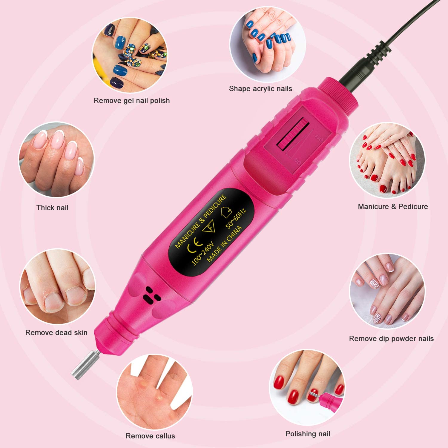 Professional USB Electric Nail Drill Machine Kit - Portable Manicure Pedicure Tool with 6Pcs Nail Drill Bits for Gel Nails, Acrylics & Nail Art (Rose) | Perfect for Home Salon, Nail Techs & DIY Beauty Care