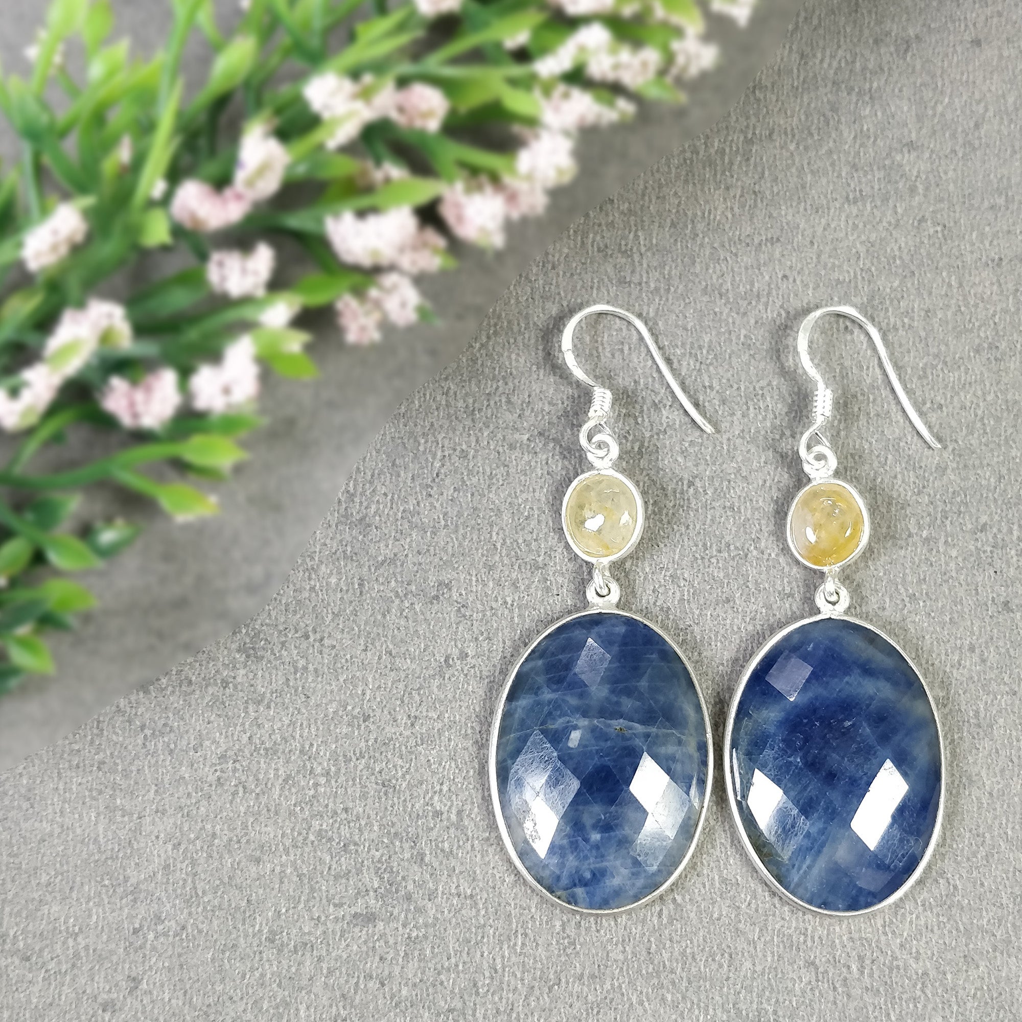 Natural Sapphire Earrings for Women - 925 Sterling Silver Drop Dangle Bezel Set Gemstone Jewelry (12.75g, 2.25